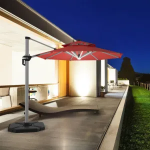 10 Feet 360° Rotation Aluminum Solar LED Patio Cantilever Umbrella without Weight Base-Dark Red