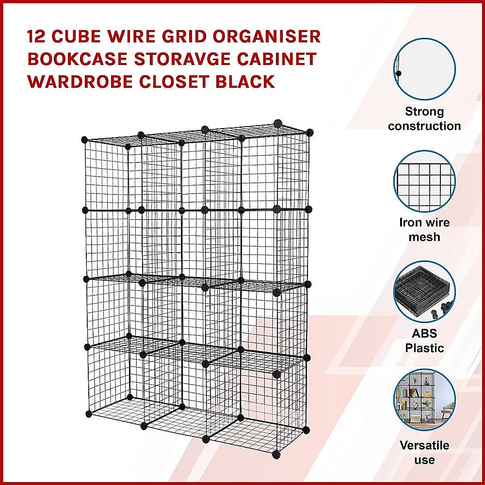 12 Cube Wire Grid Organiser Bookcase Storage Cabinet Wardrobe Closet - Black