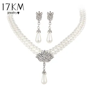 17KM Charming Bride Simulated Pearl Jewelry Set Bling Crystal Water Drop Pendant Necklaces Earring Fashion Jewelry Accessory