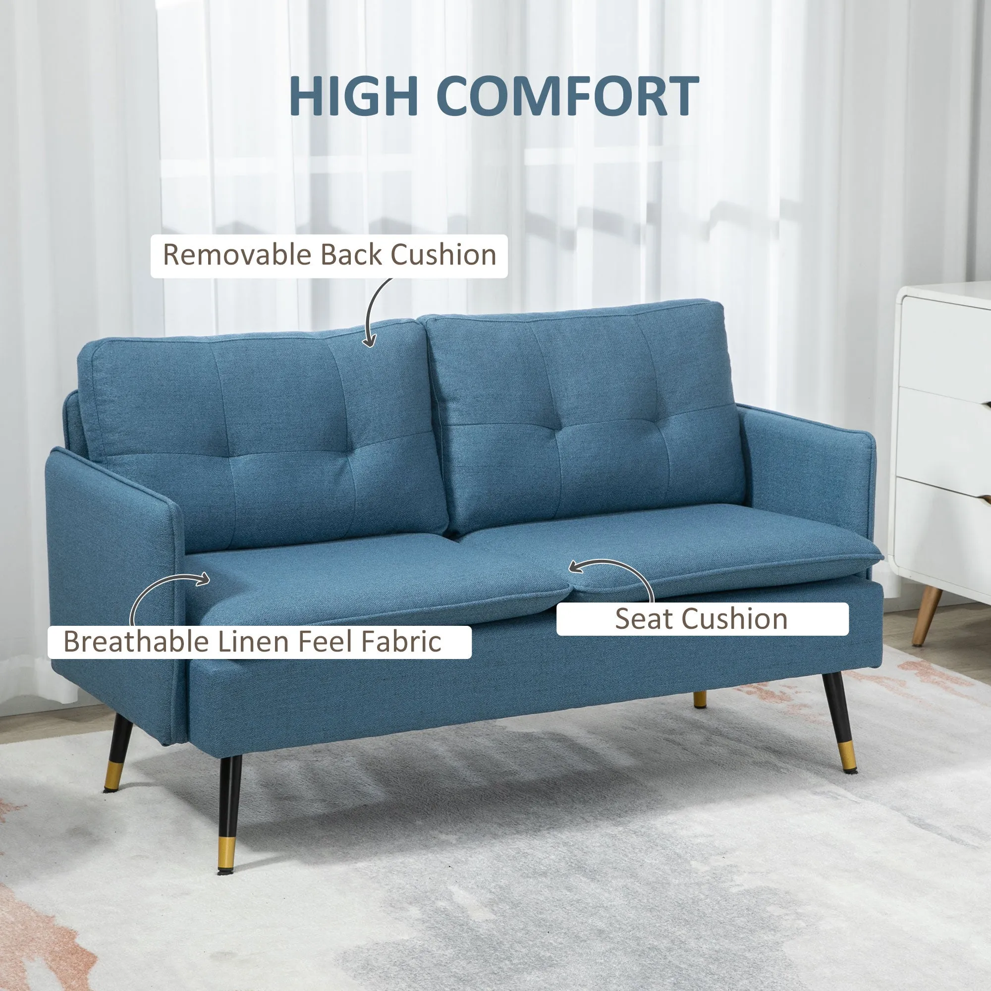 2 Seater Sofas for Living Room, Fabric Couch, Button Tufted Love Seat with Cushions, Blue