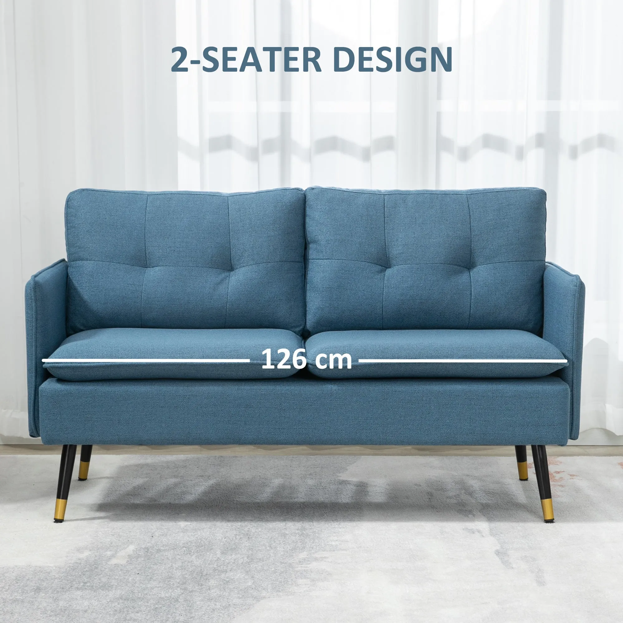 2 Seater Sofas for Living Room, Fabric Couch, Button Tufted Love Seat with Cushions, Blue