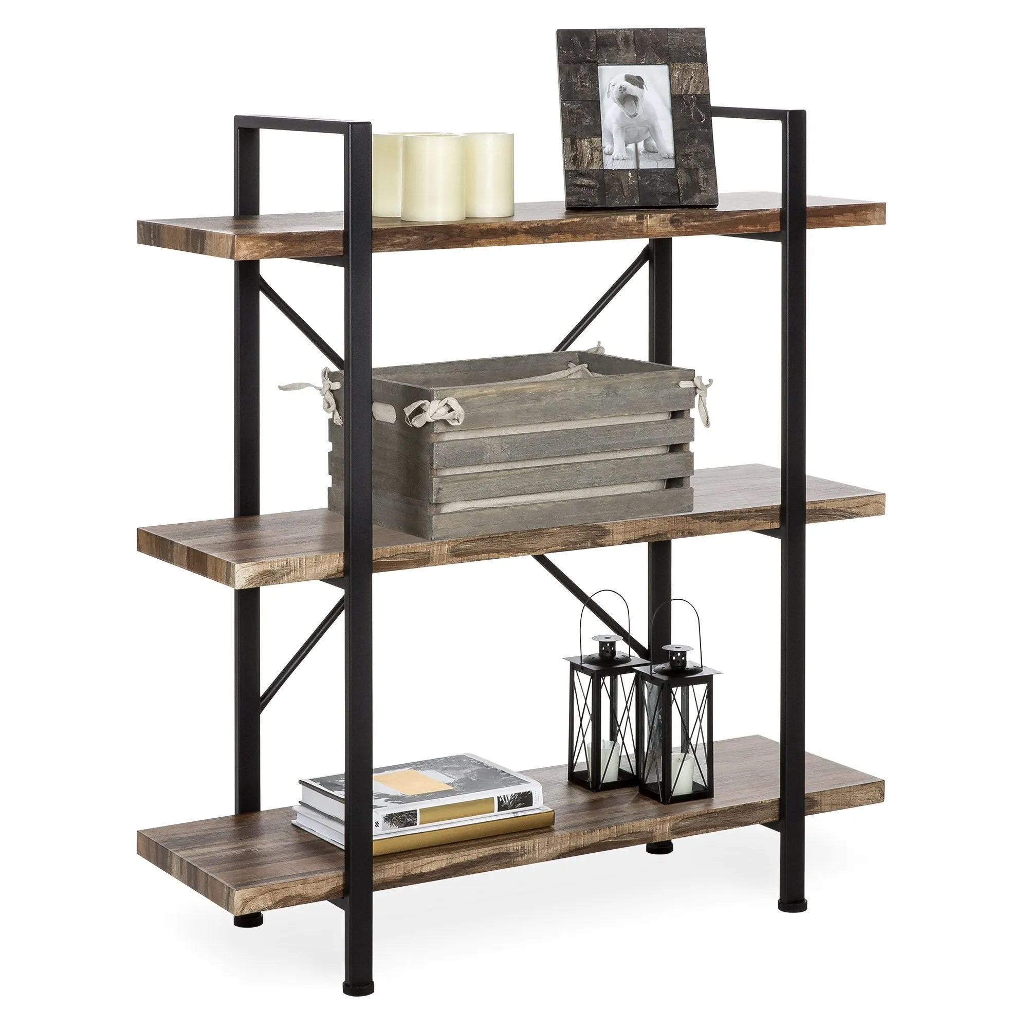 3-Shelf Industrial Open Bookshelf Furniture w/ Wood Shelves, Metal Frame