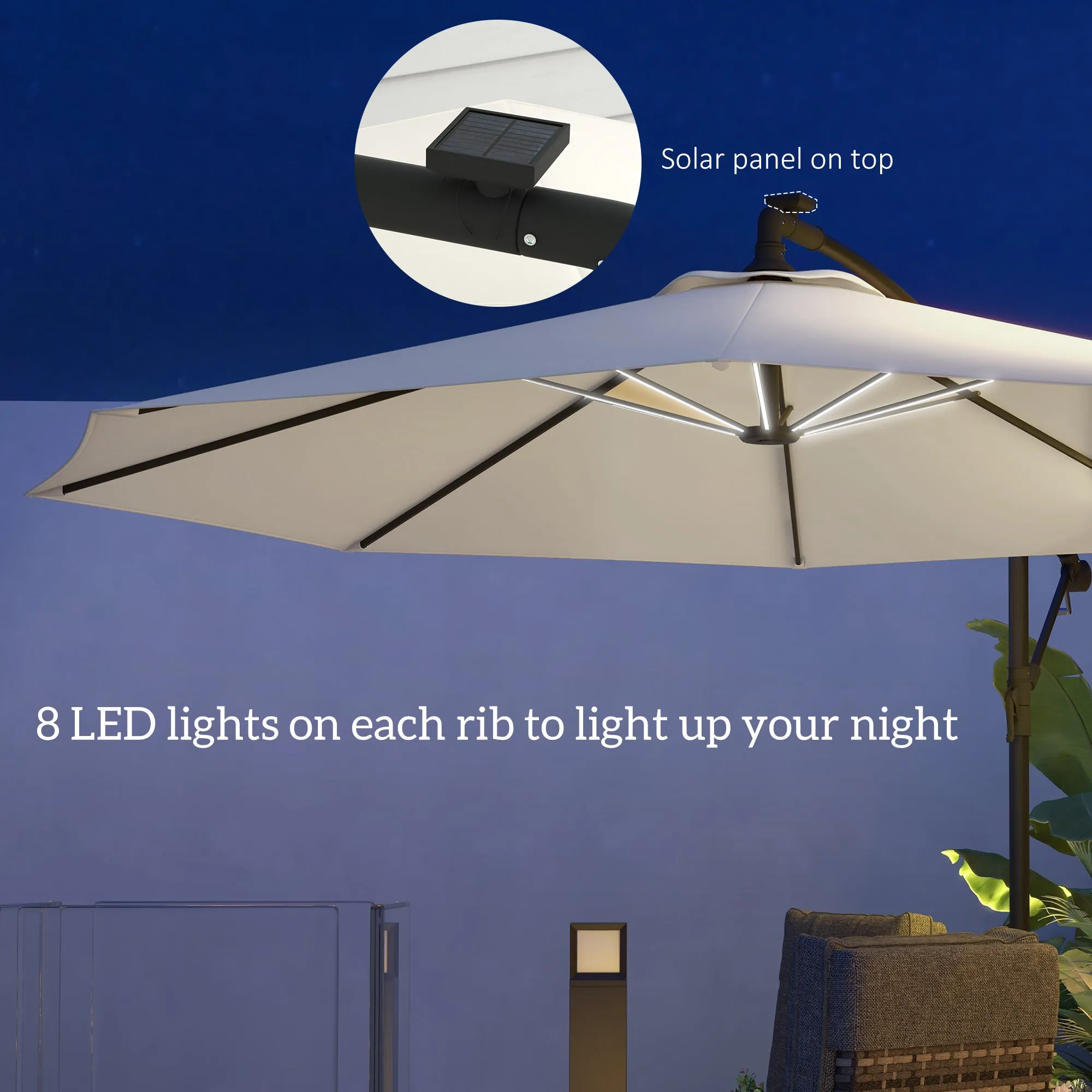 3(m) LED Patio Banana Umbrella Cantilever Parasol w/ Crank, Beige