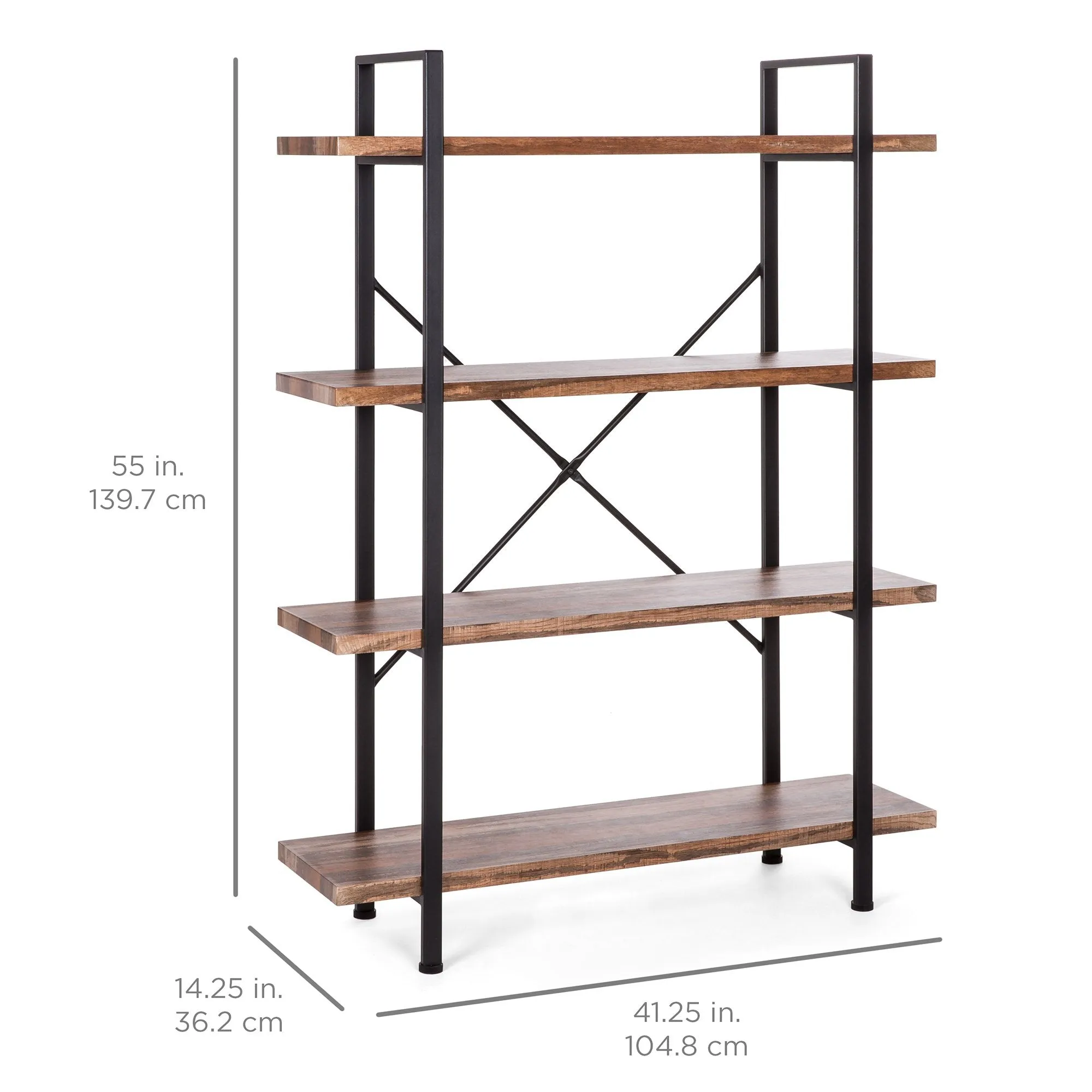 4-Shelf Industrial Open Bookshelf Furniture w/ Wood Shelves, Metal Frame