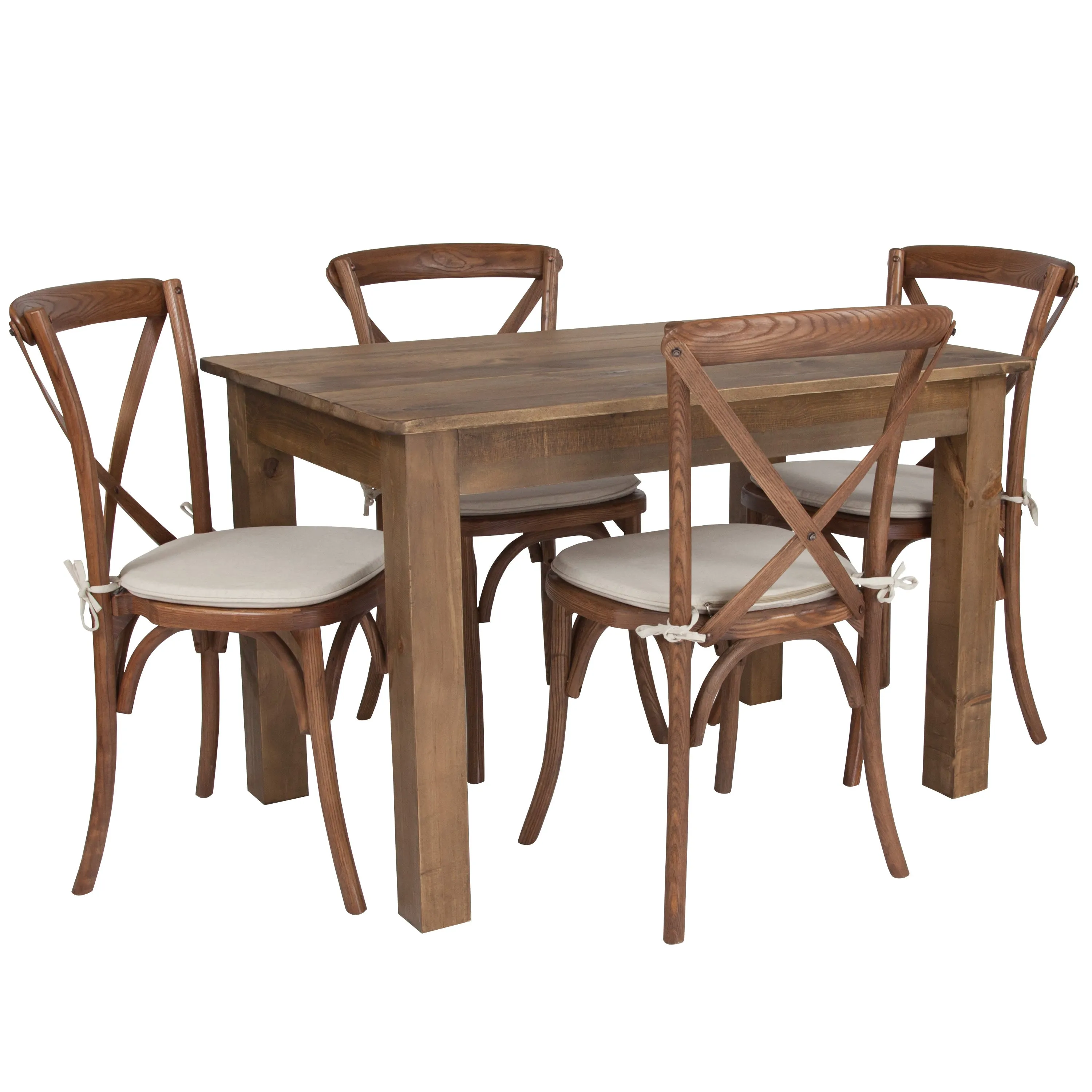 46" x 30" Farm Table Set with 4 Cross Back Chairs and Cushions