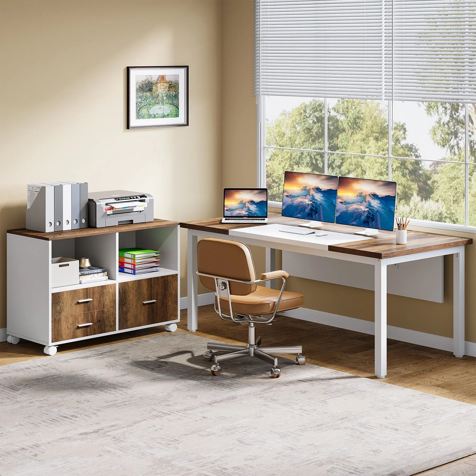 63" L-Shaped Desk, Modern Executive Computer Desk with 39" Mobile File Cabinet