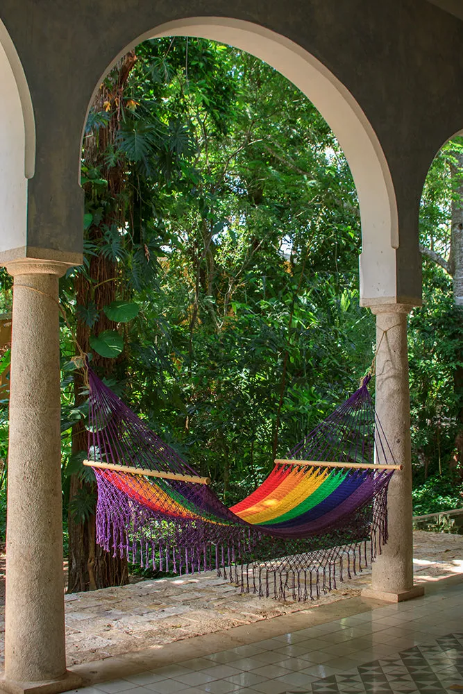 Authentic Mexican Deluxe Outdoor Undercover Cotton Hammock with spreader bars - Rainbow