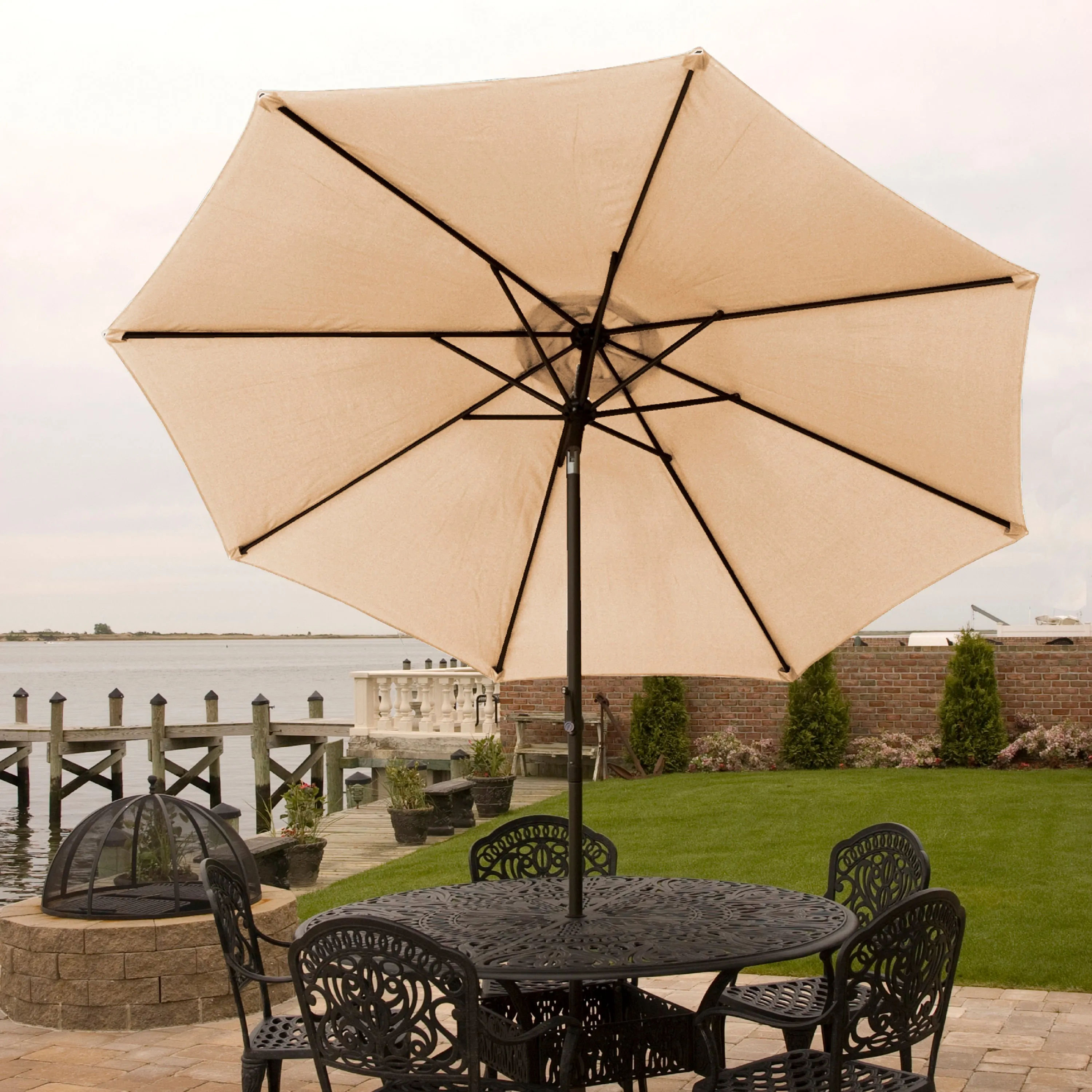 Bliss Outdoors UMB-201SD Patio Umbrella w/ Aluminum Pole & Push Button Tilt | 9-Foot Canopy | Color Fade & Water Resistant | 1.5-in. Pole Diameter (Tan)