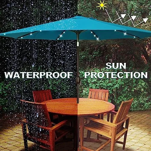 Blissun 9 ft Solar Umbrella 32 LED Lighted Patio Umbrella Table Market Umbrella with Tilt and Crank Outdoor Umbrella for Garden, Deck, Backyard, Pool and Beach (Cerulean)