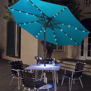 Blissun 9 ft Solar Umbrella 32 LED Lighted Patio Umbrella Table Market Umbrella with Tilt and Crank Outdoor Umbrella for Garden, Deck, Backyard, Pool and Beach (Cerulean)