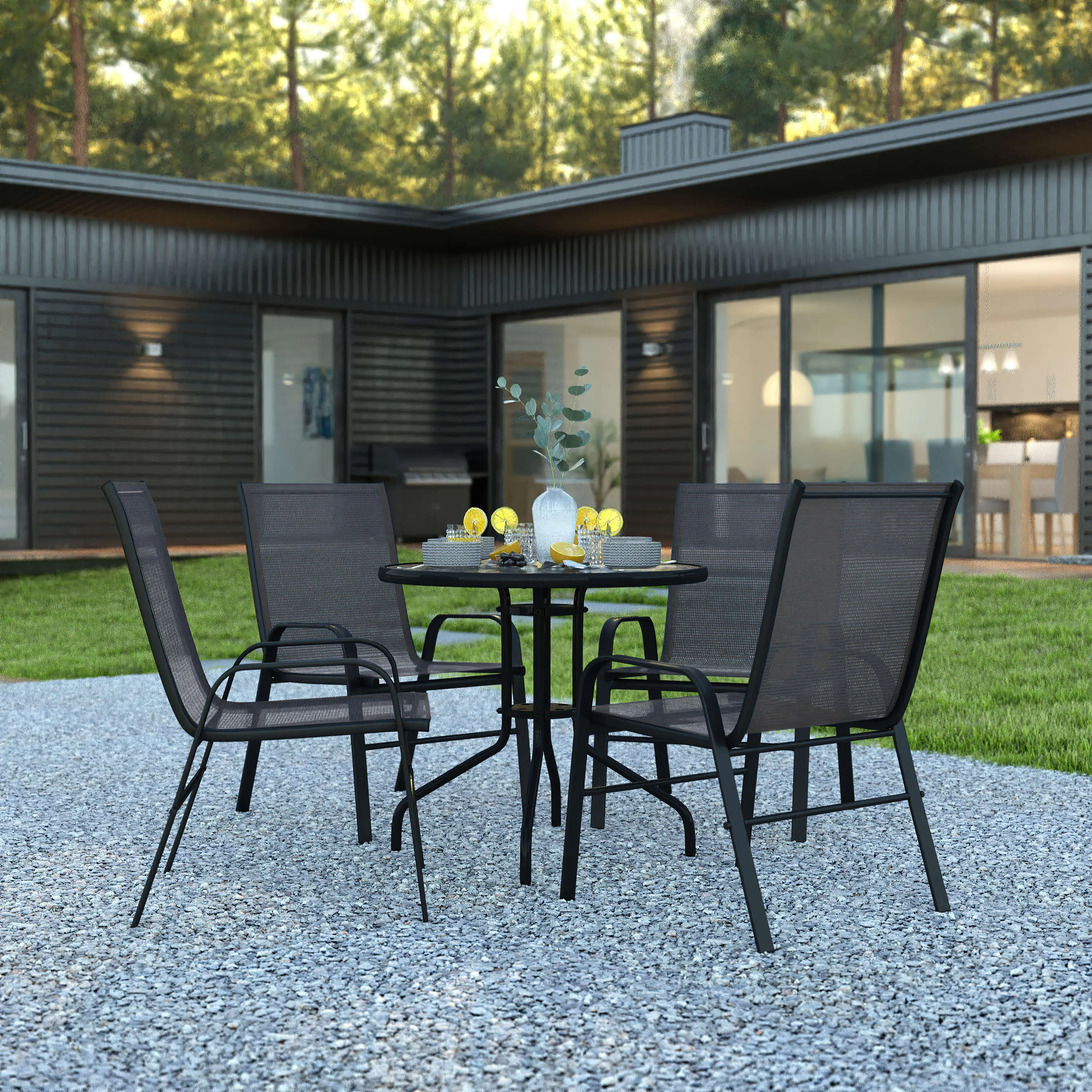 Brazos 5 Piece Outdoor Patio Dining Set - Tempered Glass Patio Table, 4 Flex Comfort Stack Chairs