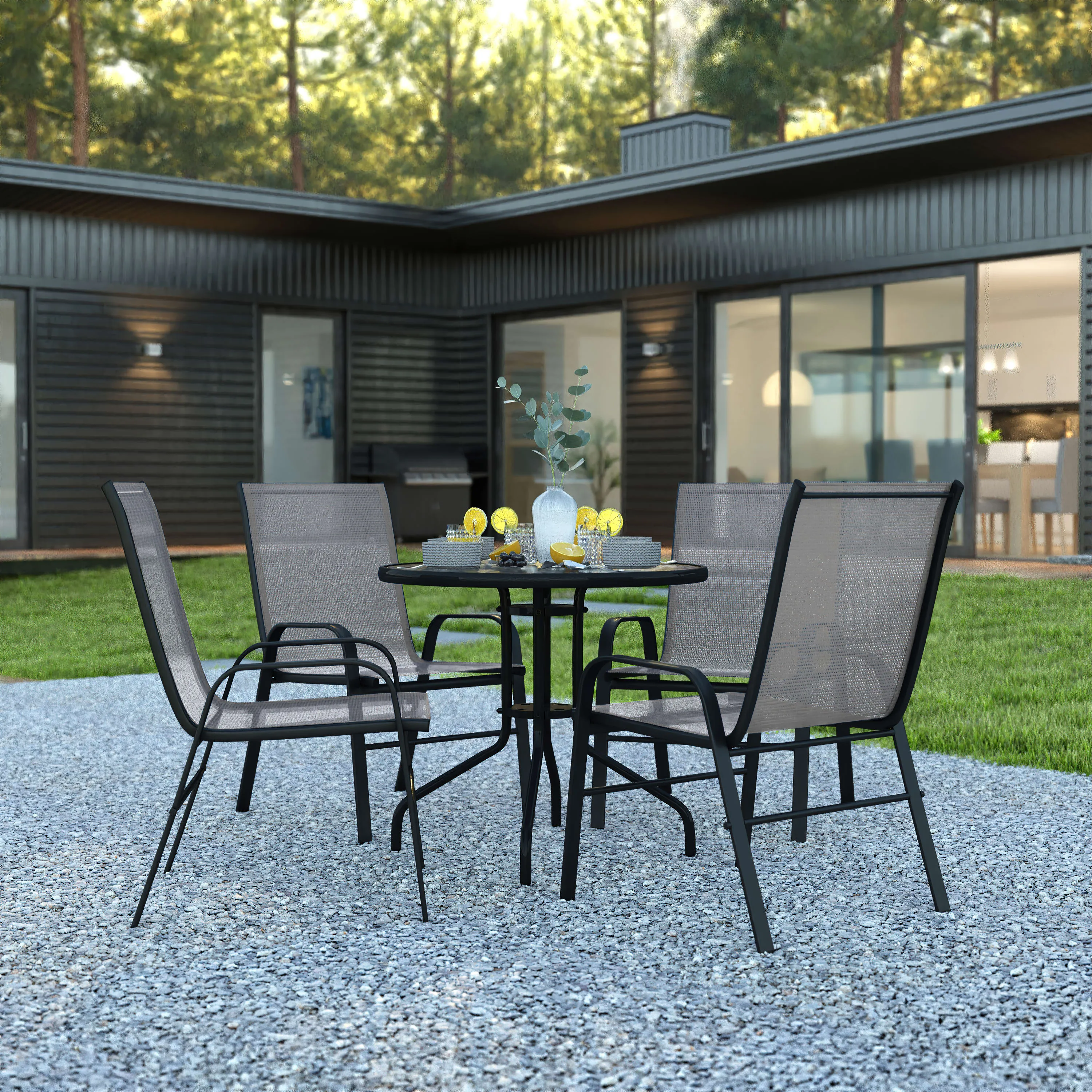 Brazos 5 Piece Outdoor Patio Dining Set - Tempered Glass Patio Table, 4 Flex Comfort Stack Chairs