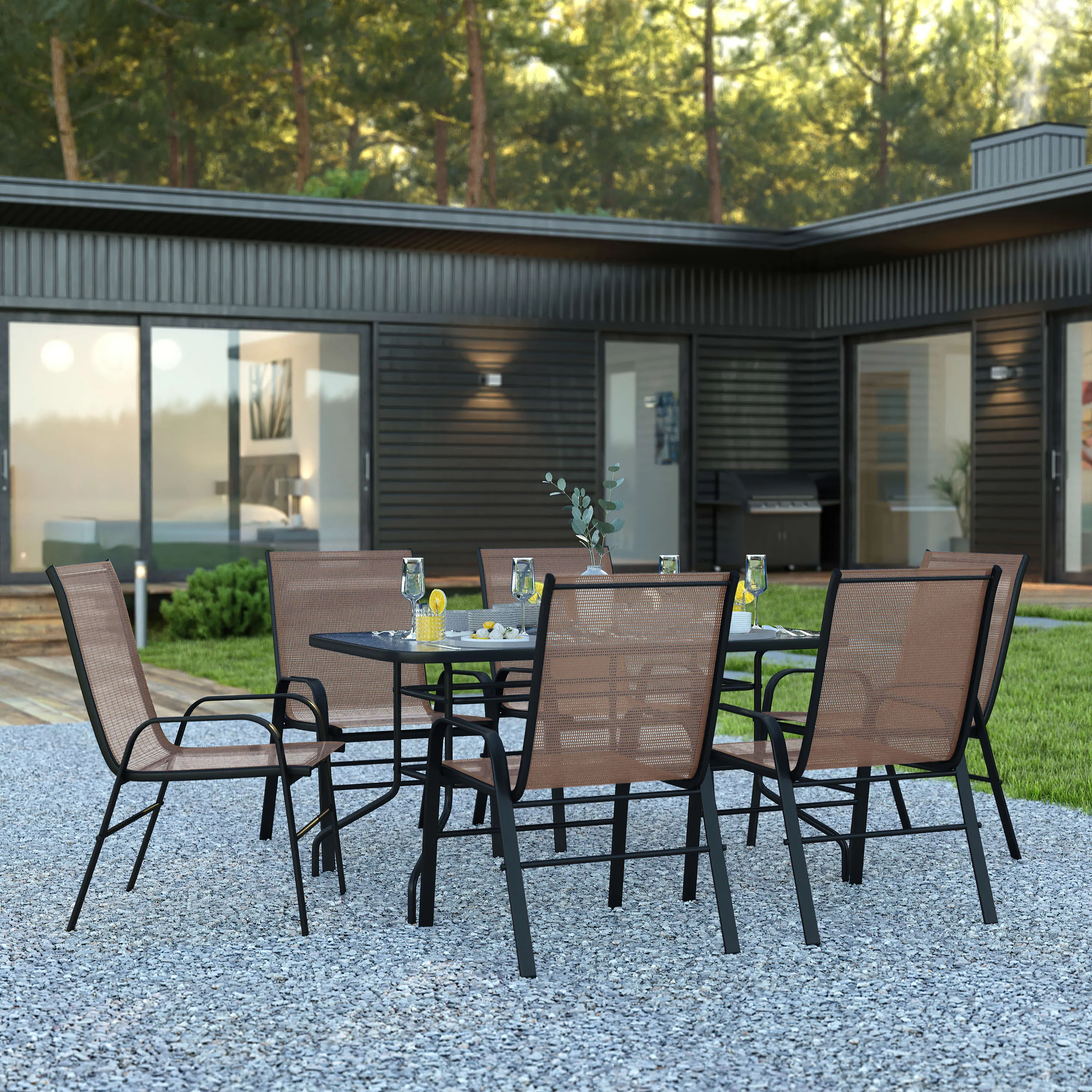 Brazos 7 Piece Outdoor Patio Dining Set - Tempered Glass Patio Table, 6 Flex Comfort Stack Chairs