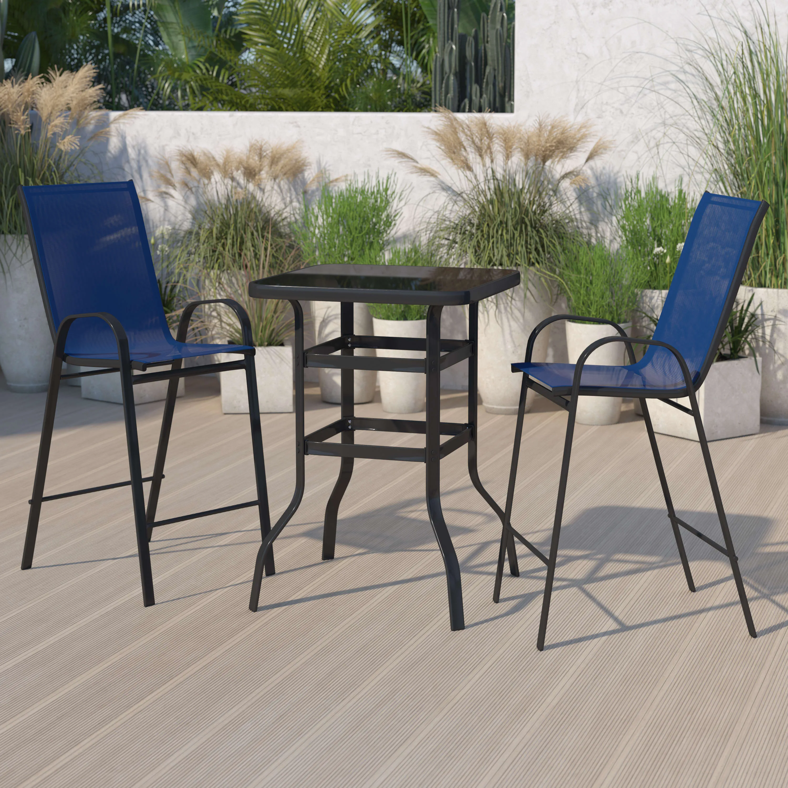 Brazos Outdoor Dining Set - 2-Person Bistro Set - Outdoor Glass Bar Table with All-Weather Patio Stools