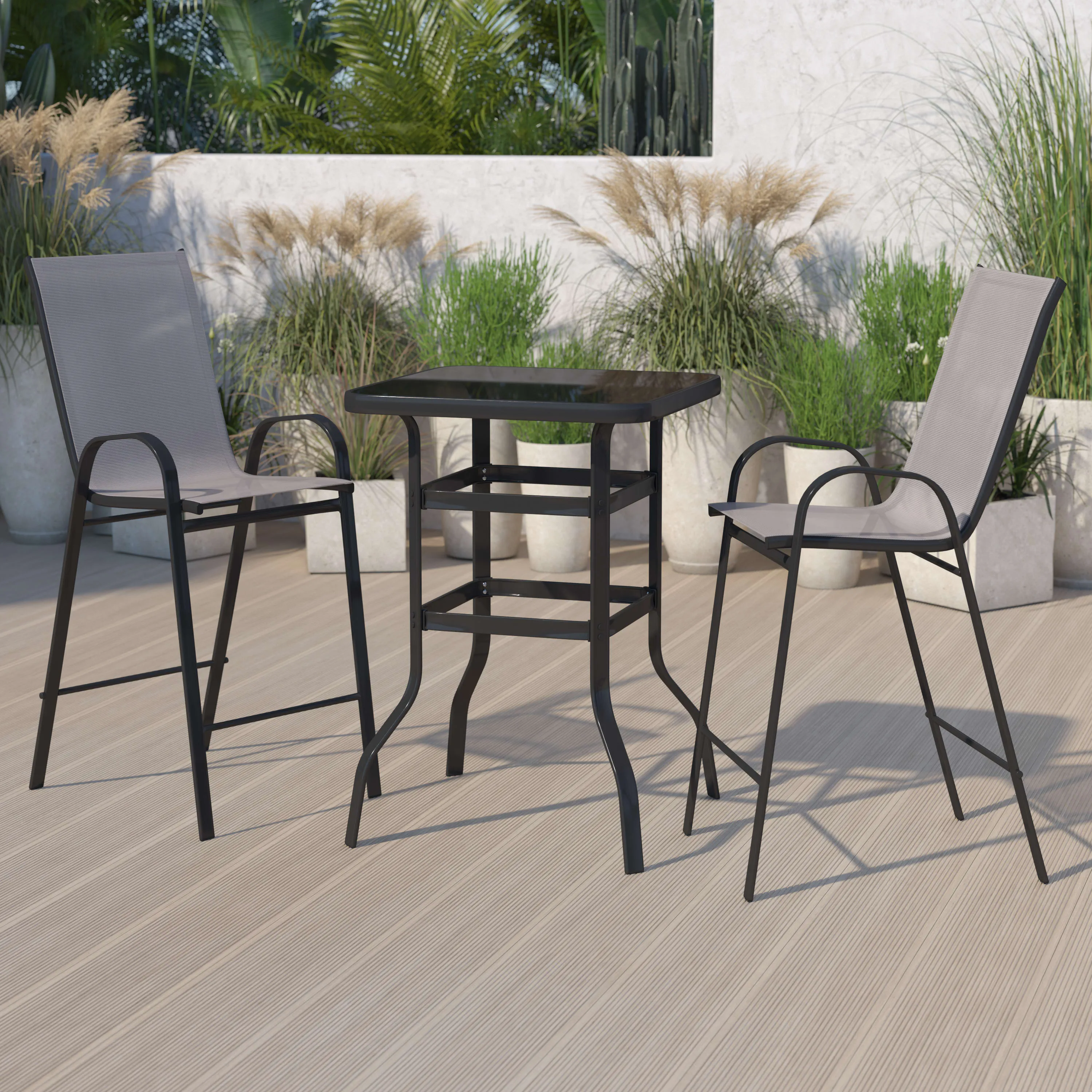 Brazos Outdoor Dining Set - 2-Person Bistro Set - Outdoor Glass Bar Table with All-Weather Patio Stools