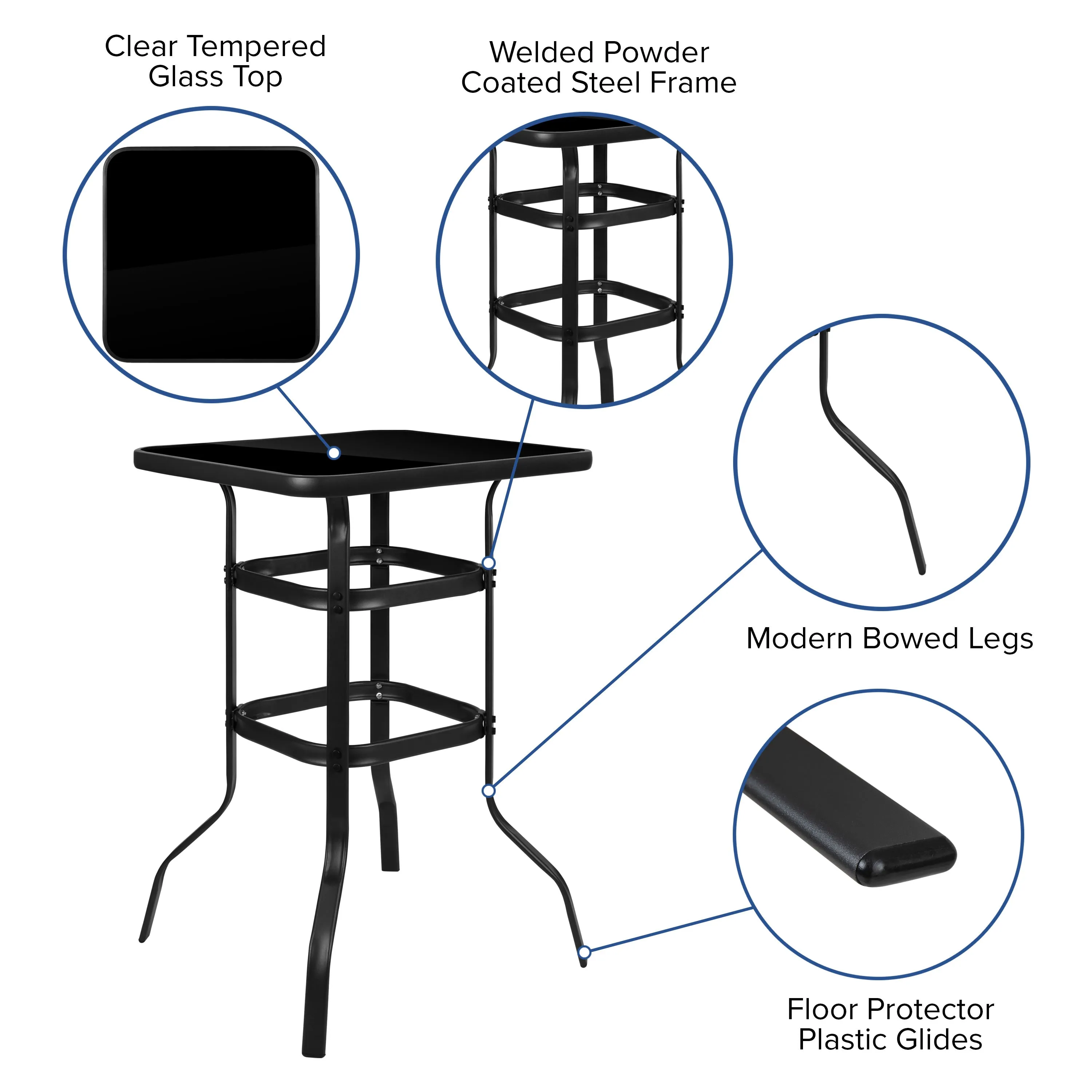 Brazos Outdoor Dining Set - 2-Person Bistro Set - Outdoor Glass Bar Table with All-Weather Patio Stools