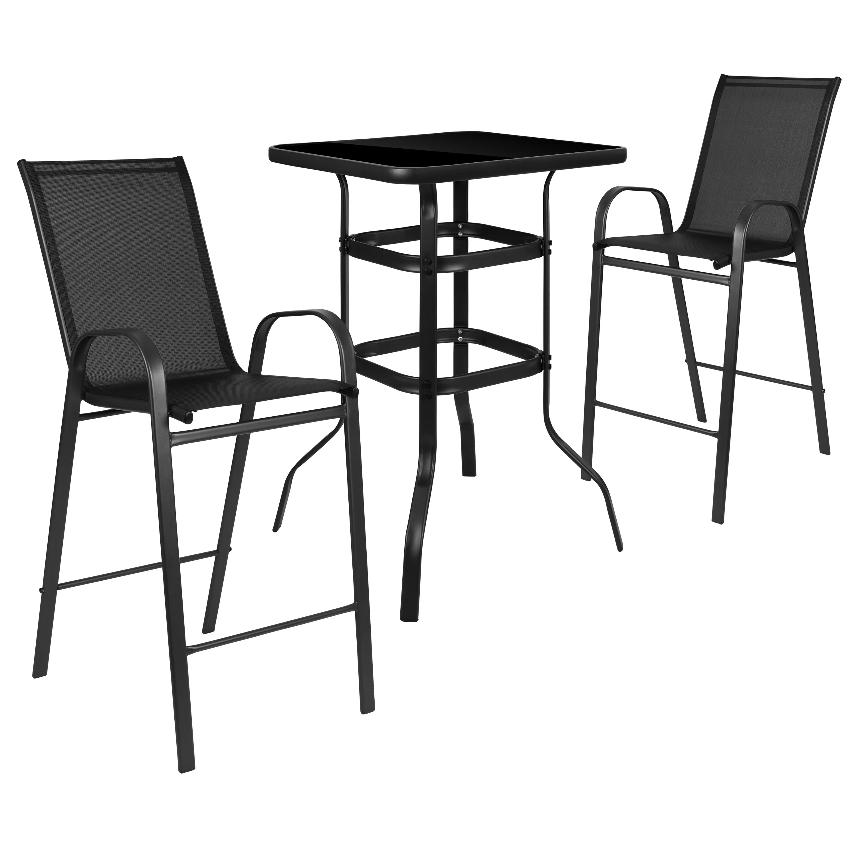 Brazos Outdoor Dining Set - 2-Person Bistro Set - Outdoor Glass Bar Table with All-Weather Patio Stools