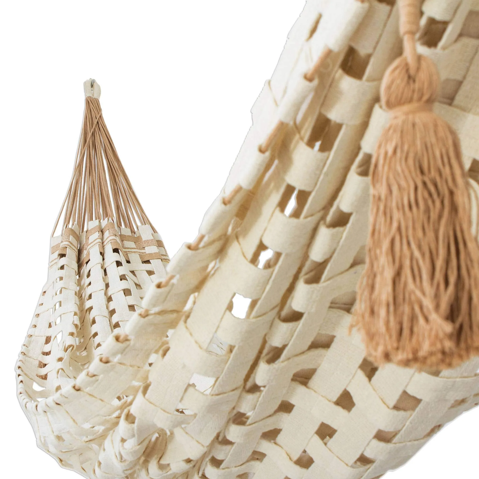 Brown and Ivory Hand Woven Cotton Rope Hammock - NOVICA