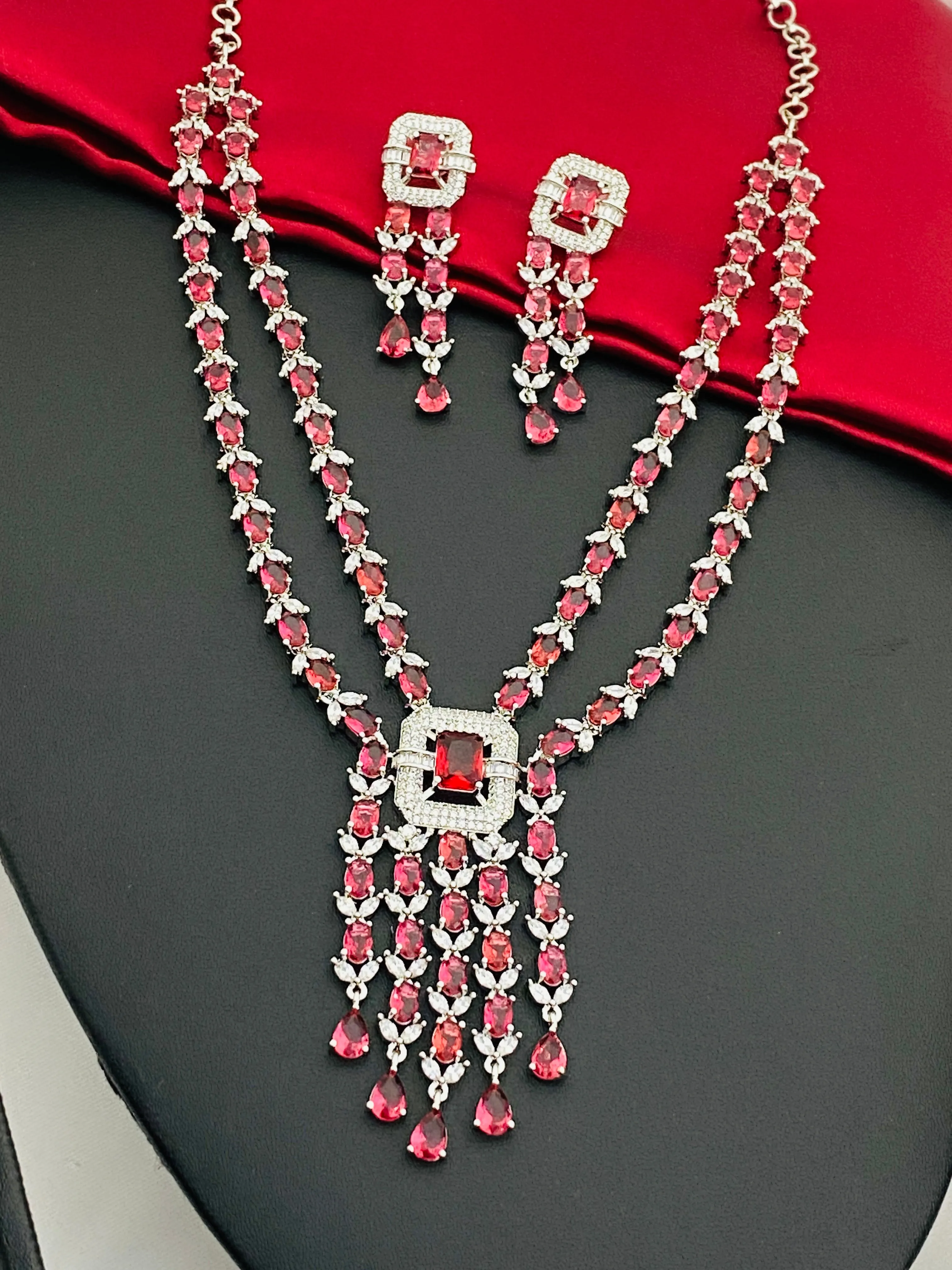 Charming Ruby Stoned Color American Diamond Bridal Wear Necklace Sets