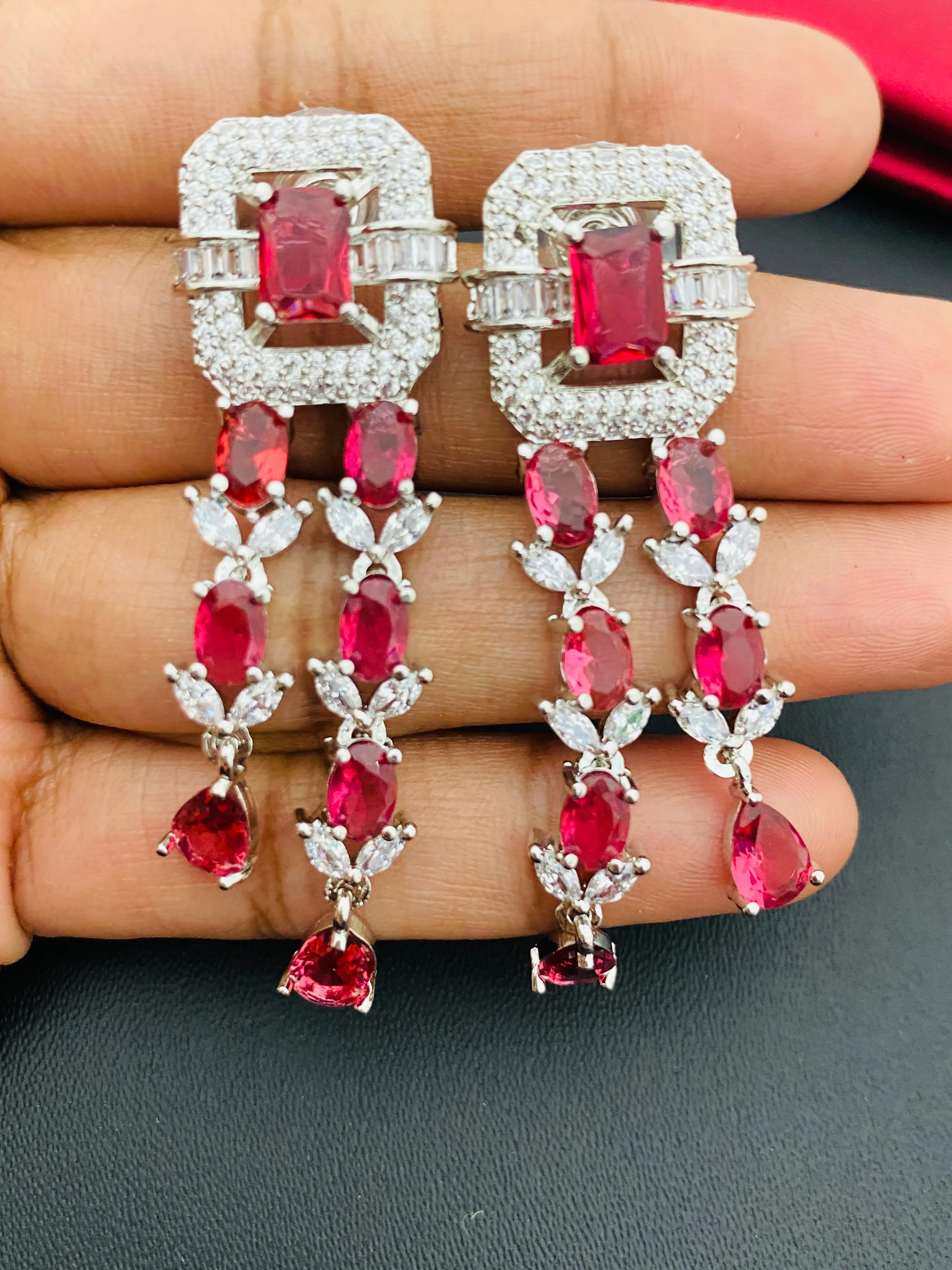 Charming Ruby Stoned Color American Diamond Bridal Wear Necklace Sets