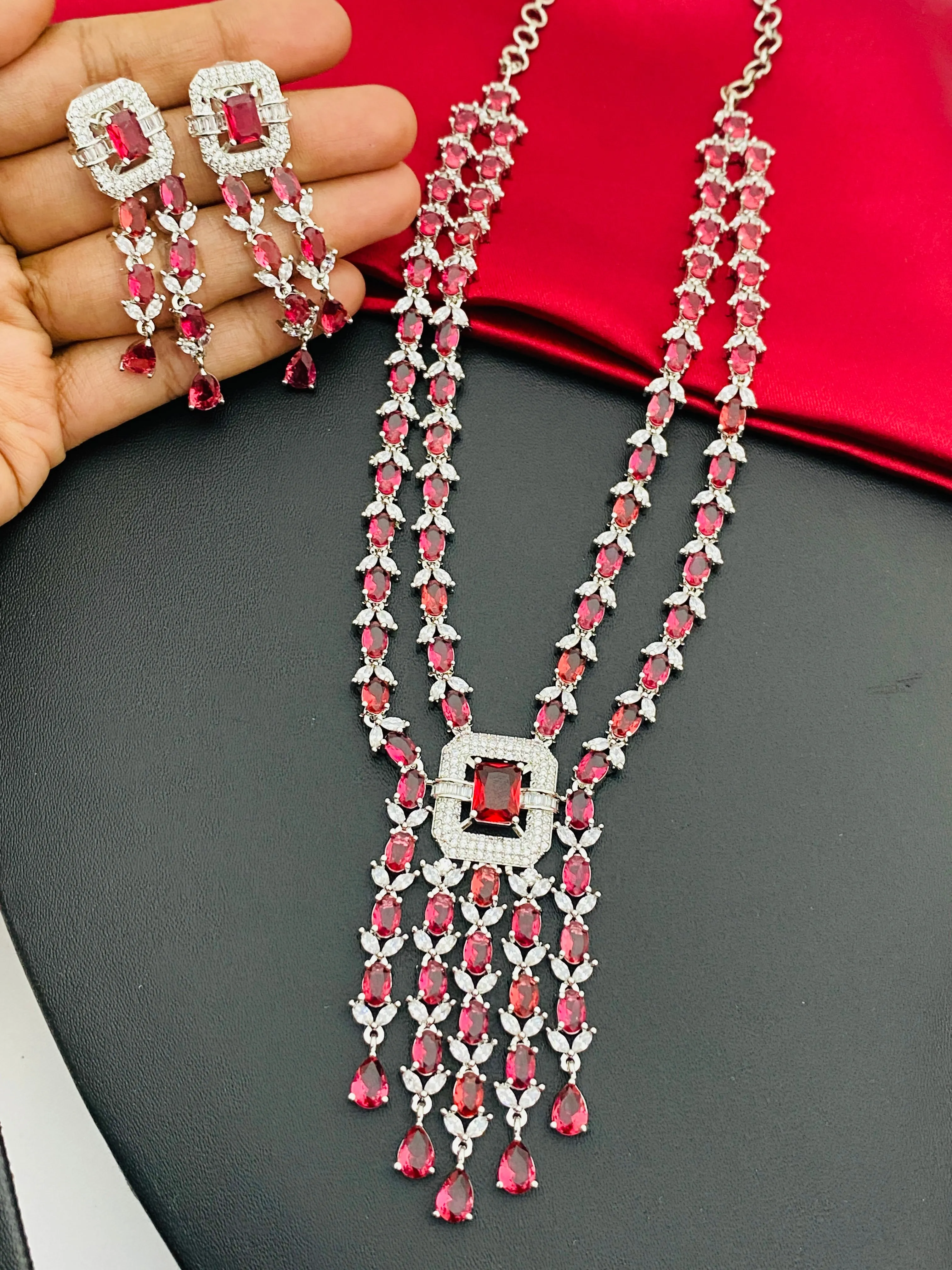 Charming Ruby Stoned Color American Diamond Bridal Wear Necklace Sets