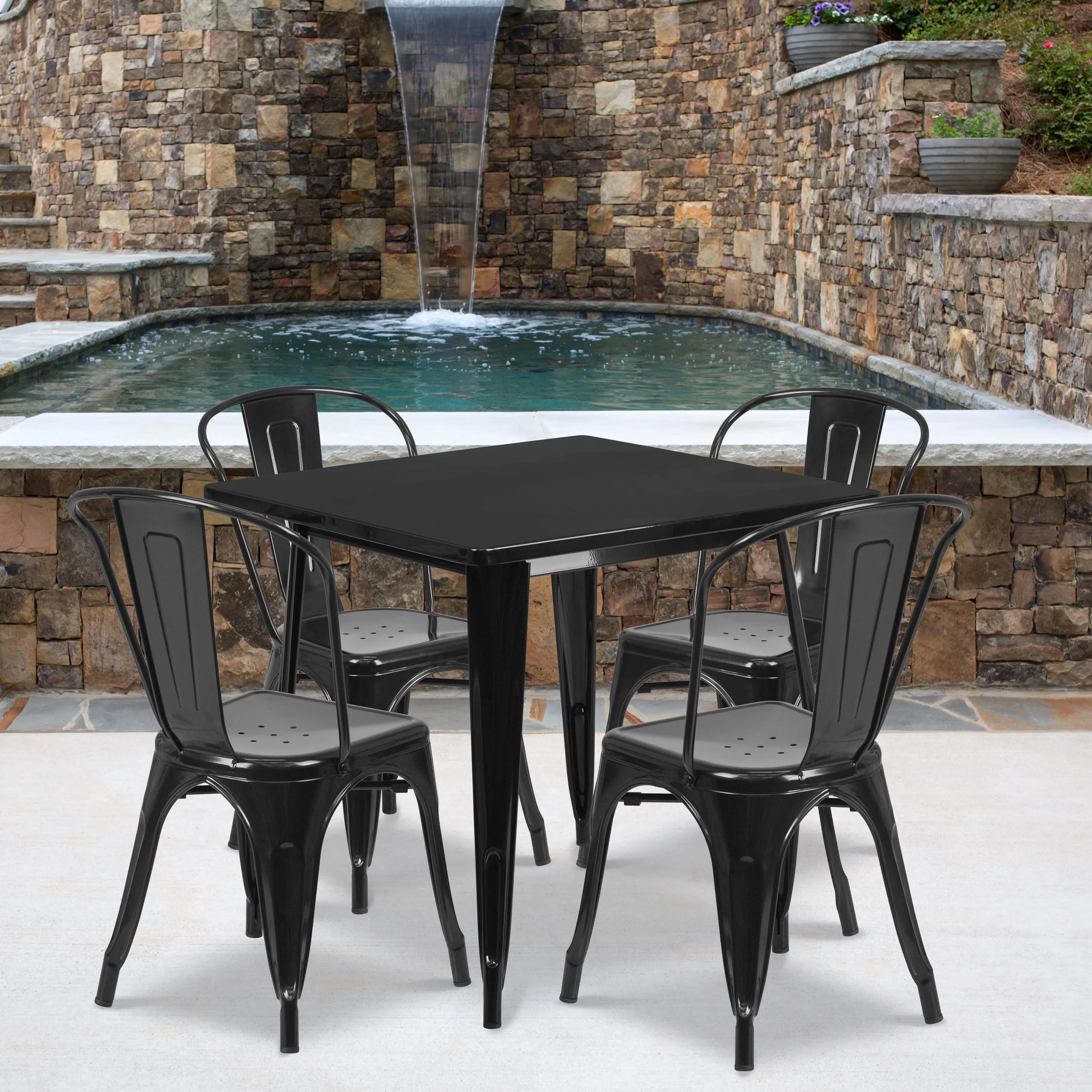 Commercial Grade 31.5" Square Metal Indoor-Outdoor Table Set with 4 Stack Chairs