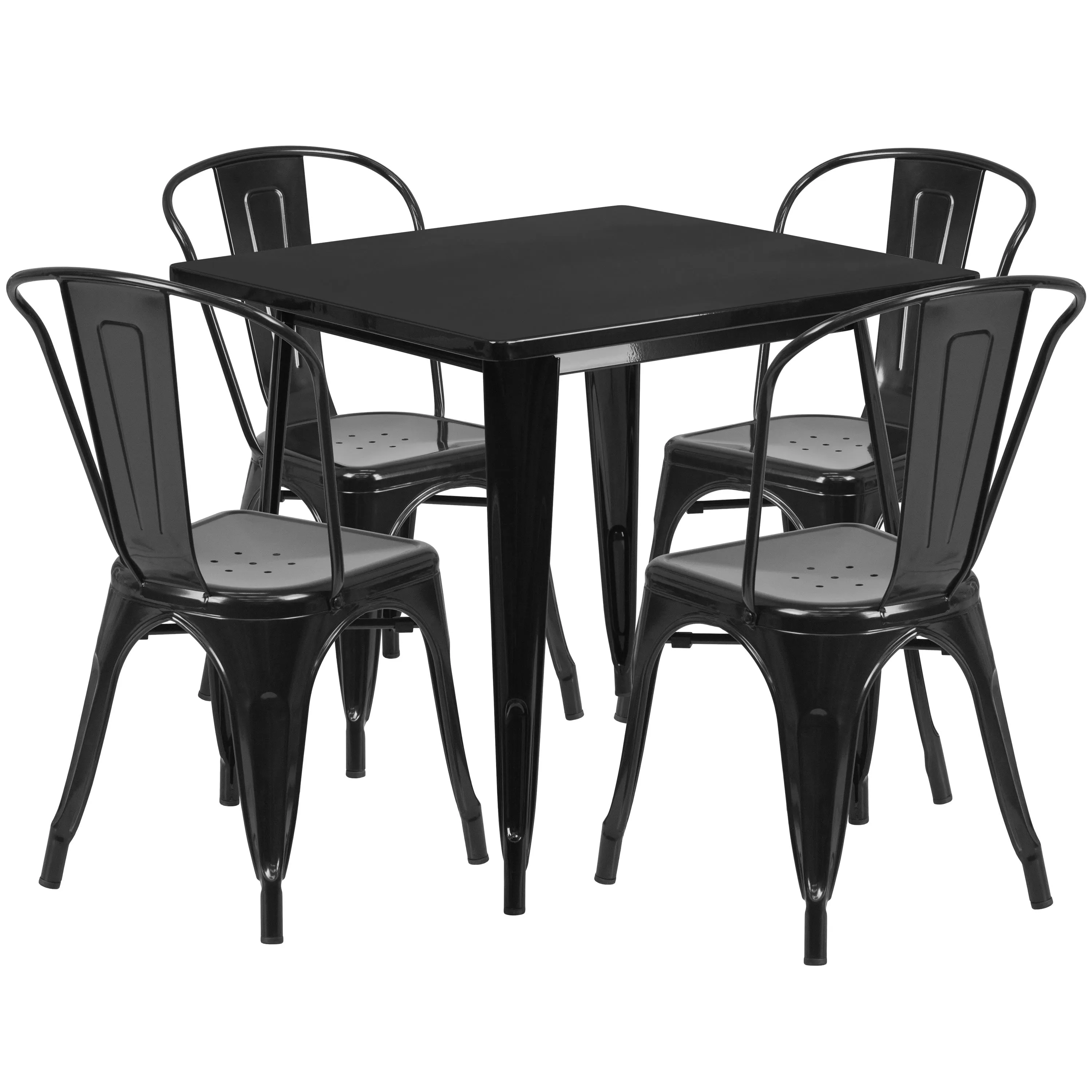 Commercial Grade 31.5" Square Metal Indoor-Outdoor Table Set with 4 Stack Chairs