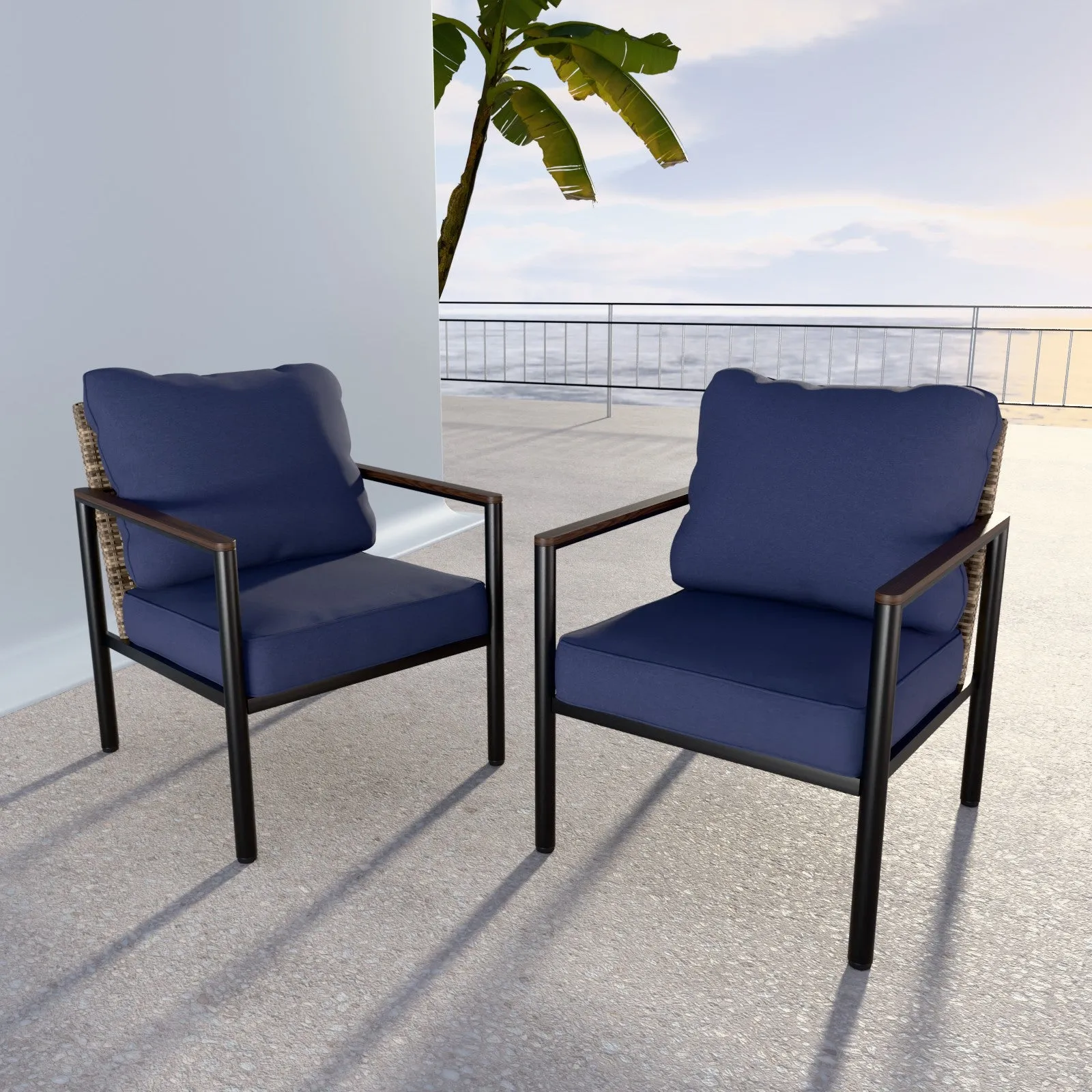 COOS BAY Modern Patio Dining Chairs with Cushions, Set of 2, Beige/Blue