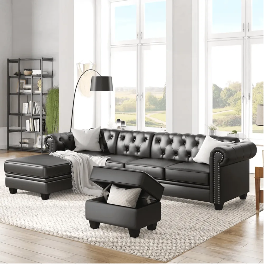 Dolcy Sectional Sofa Set in PU Leather in Black Color with Ottoman