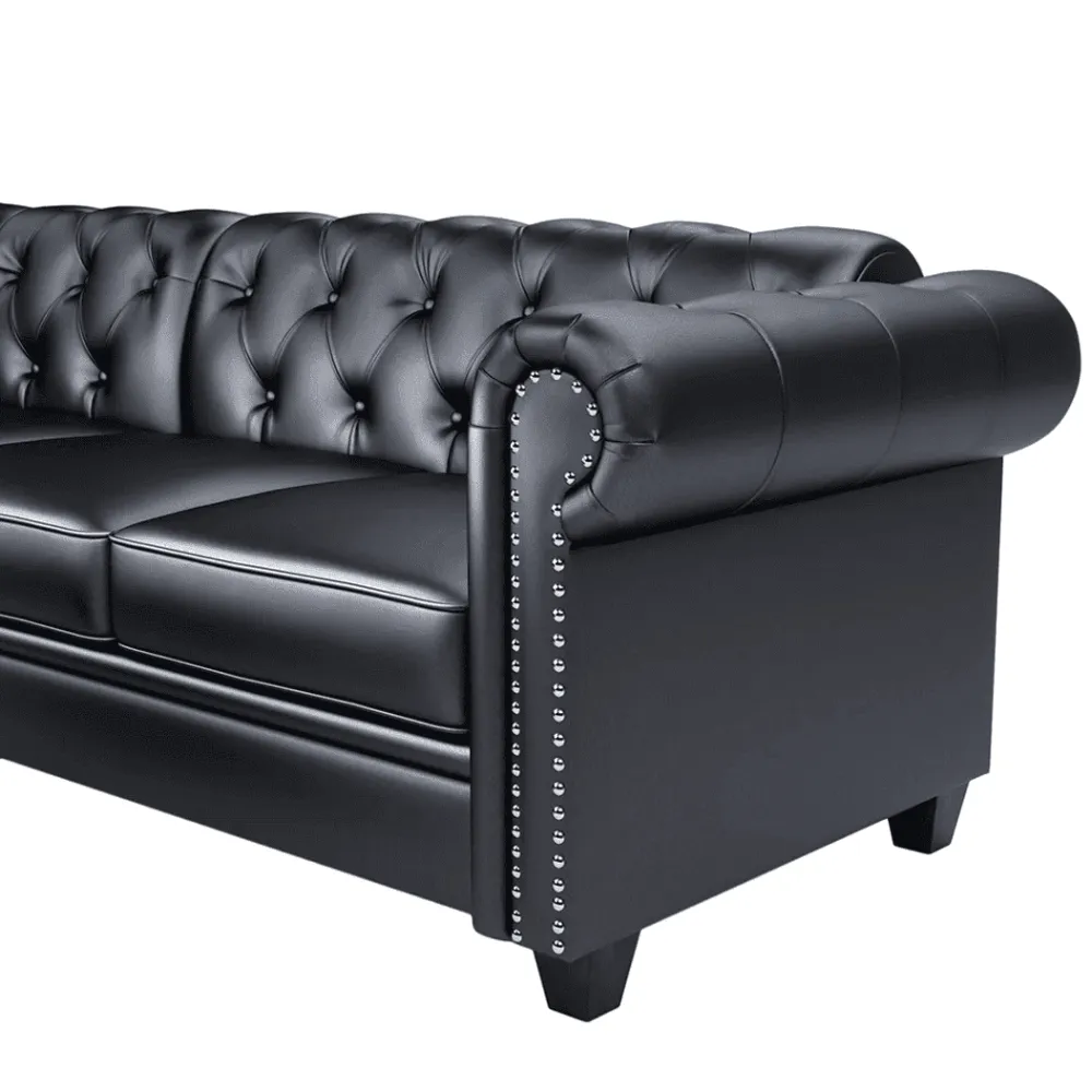 Dolcy Sectional Sofa Set in PU Leather in Black Color with Ottoman