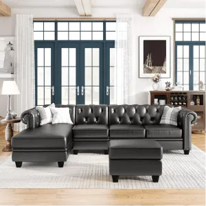 Dolcy Sectional Sofa Set in PU Leather in Black Color with Ottoman