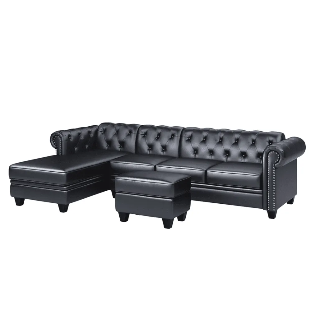 Dolcy Sectional Sofa Set in PU Leather in Black Color with Ottoman