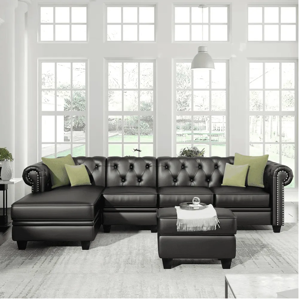 Dolcy Sectional Sofa Set in PU Leather in Black Color with Ottoman