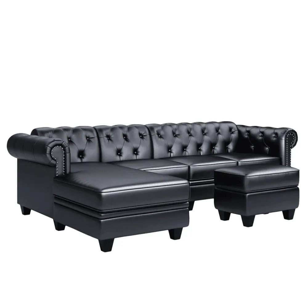 Dolcy Sectional Sofa Set in PU Leather in Black Color with Ottoman