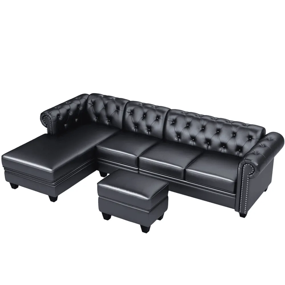 Dolcy Sectional Sofa Set in PU Leather in Black Color with Ottoman