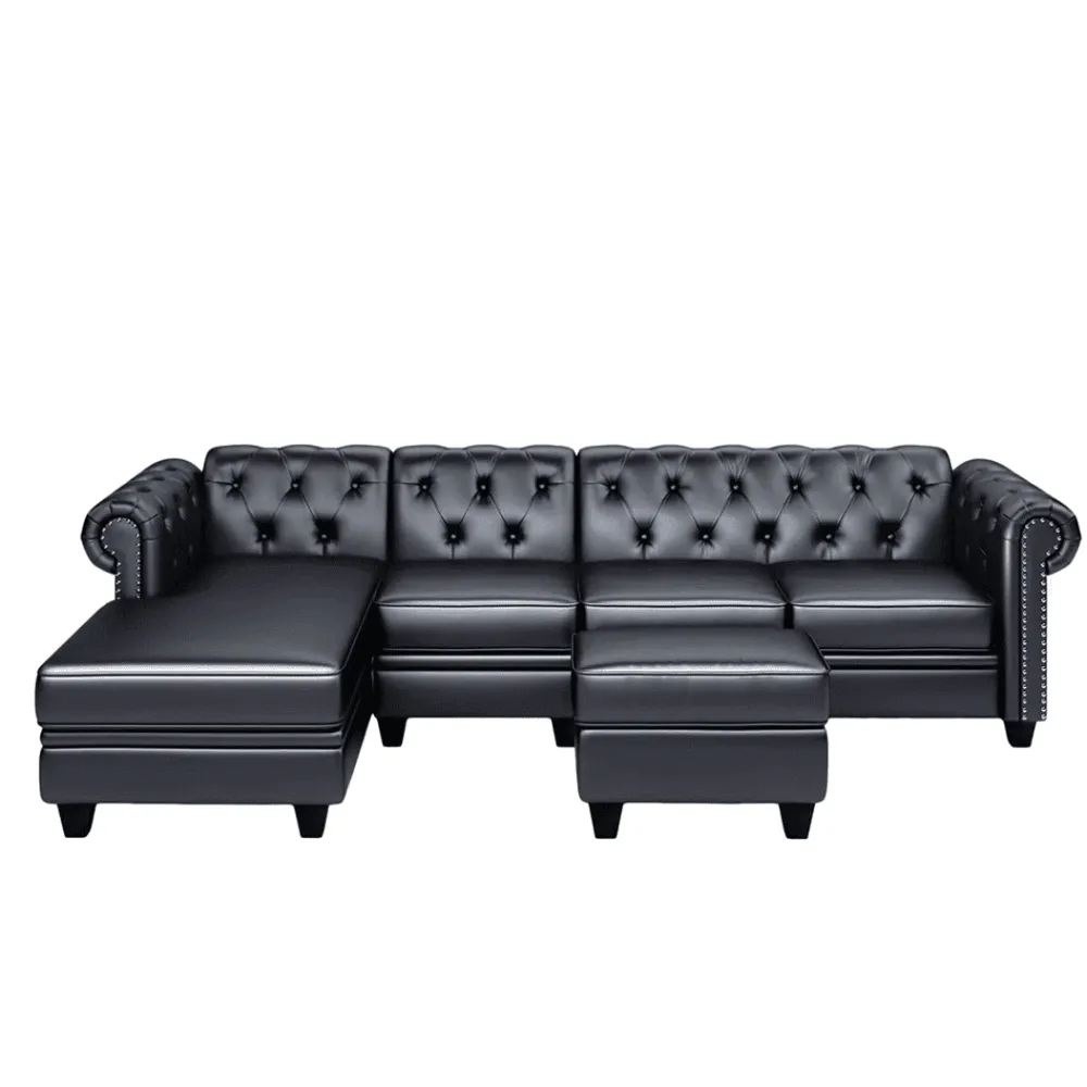 Dolcy Sectional Sofa Set in PU Leather in Black Color with Ottoman