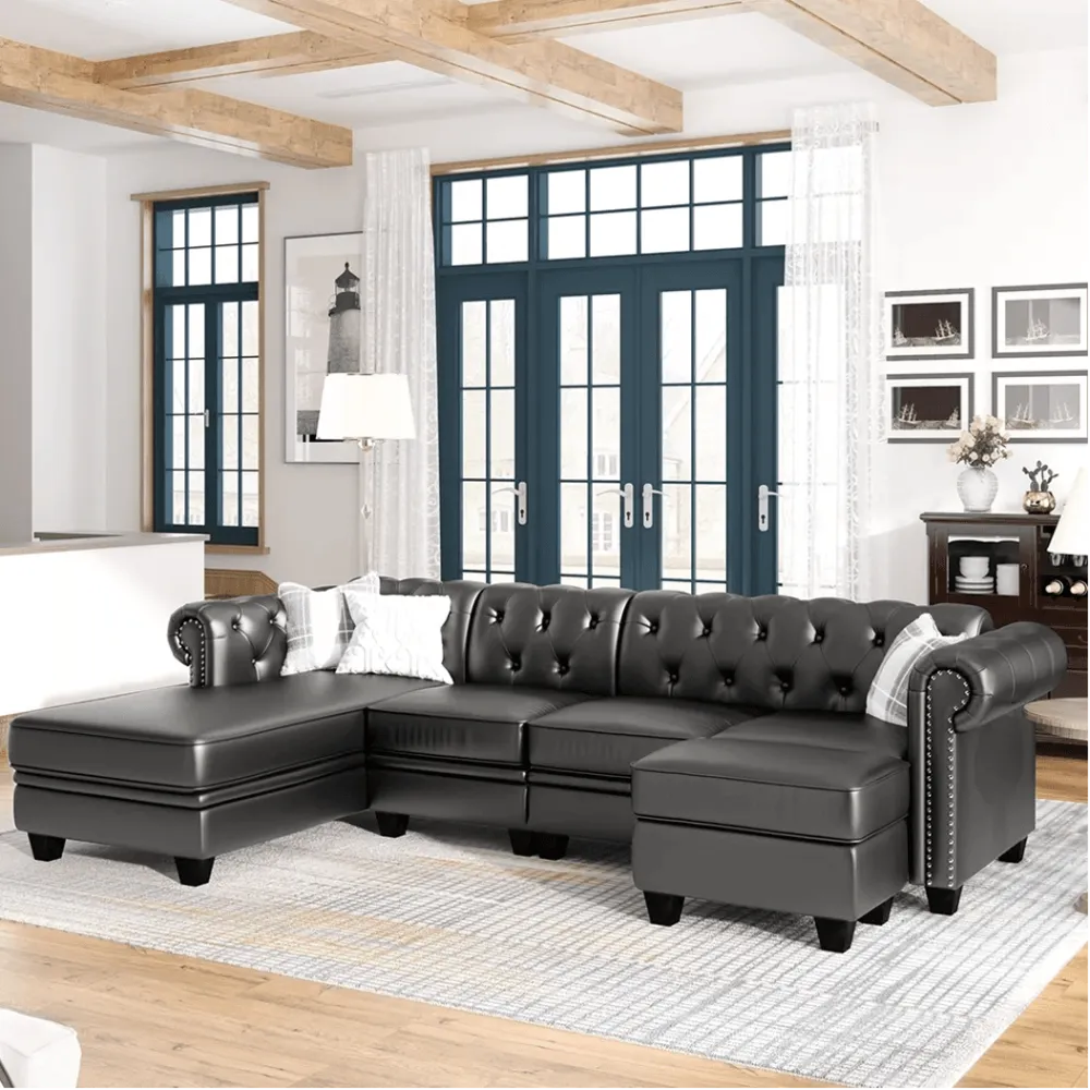 Dolcy Sectional Sofa Set in PU Leather in Black Color with Ottoman