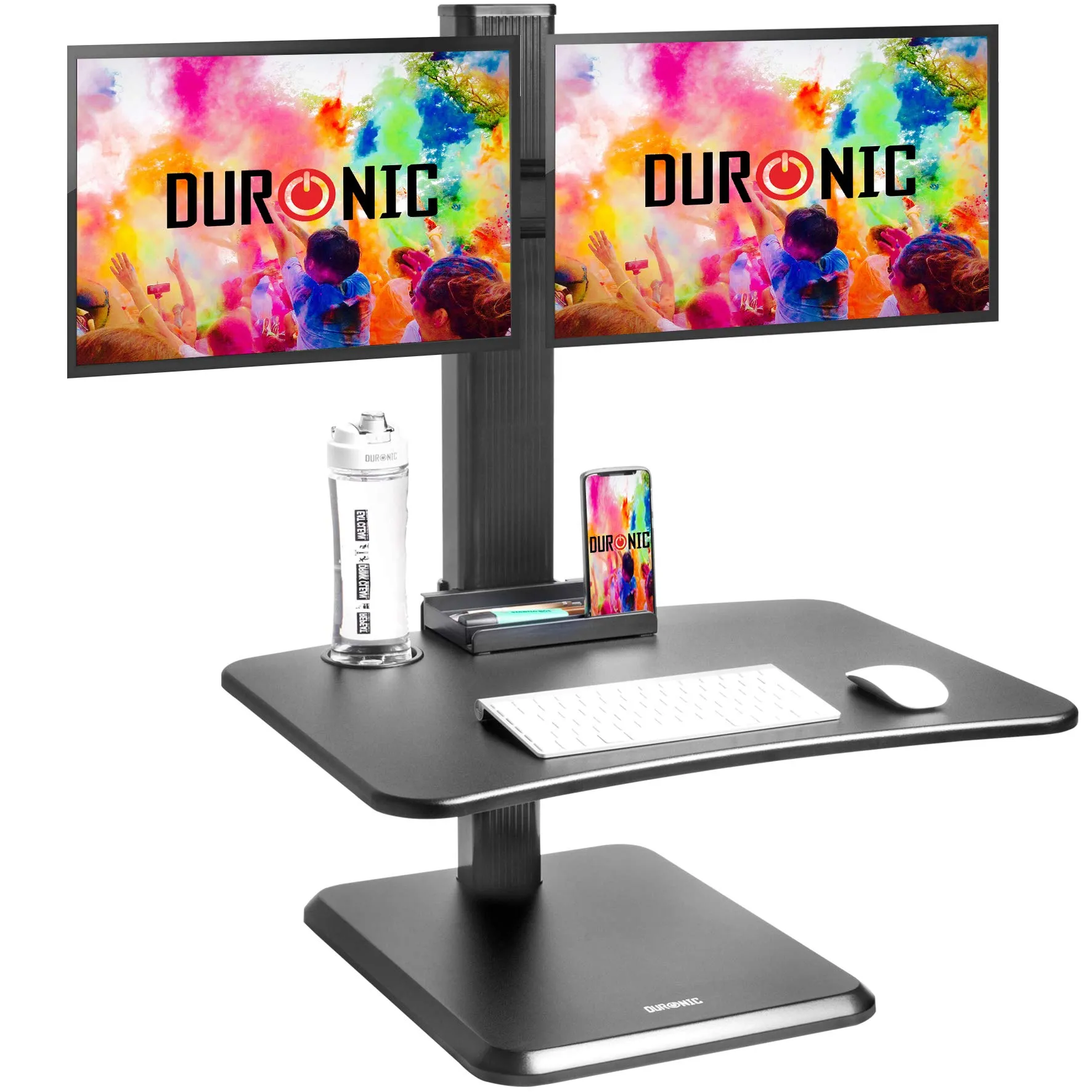 Duronic Sit-Stand Desk DM05D15 | Height Adjustable Office Workstation | 65x35cm Platform | Raises 7-44cm | Riser for PC Computer Screen and Keyboard | Ergonomic Desktop Converter with 2x Screen Mounts