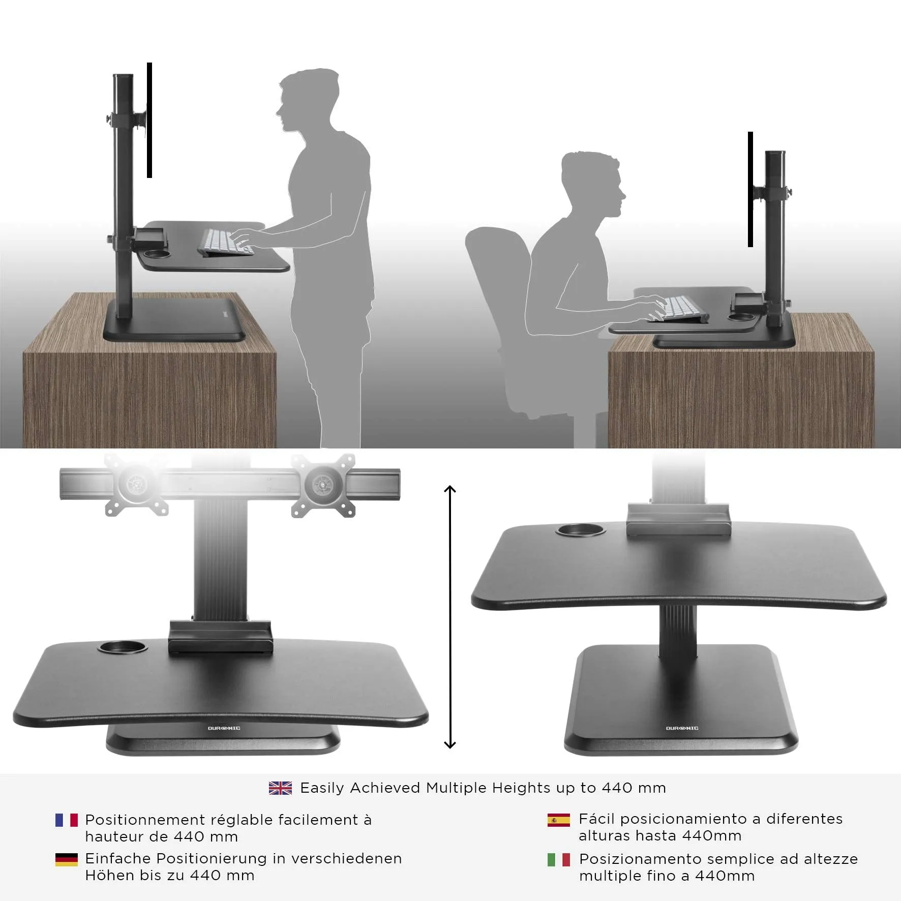 Duronic Sit-Stand Desk DM05D15 | Height Adjustable Office Workstation | 65x35cm Platform | Raises 7-44cm | Riser for PC Computer Screen and Keyboard | Ergonomic Desktop Converter with 2x Screen Mounts