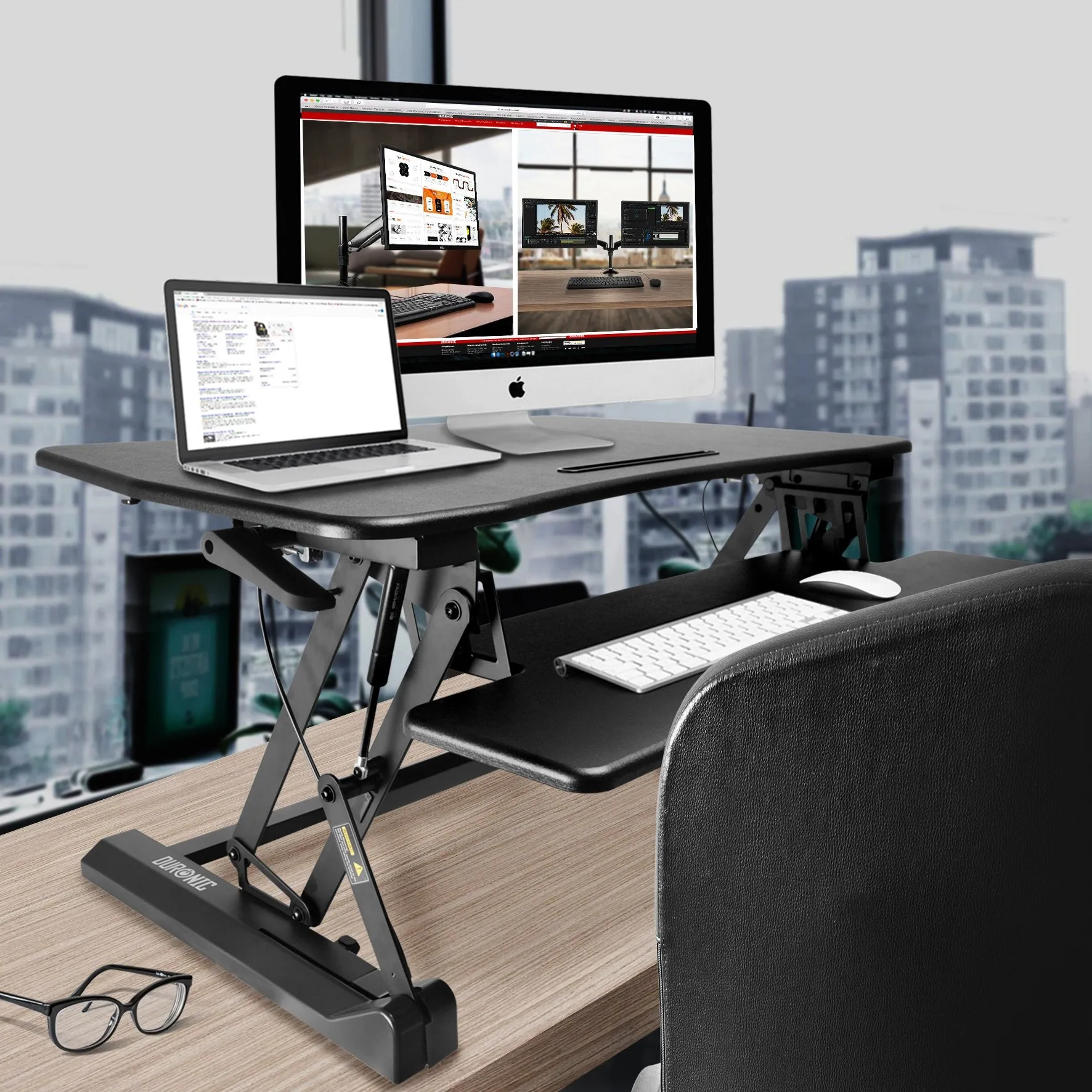 Duronic Sit-Stand Desk DM05D2 | Height Adjustable Office Workstation | 90x59cm Platform | Raises from 14-50cm | Riser for PC Computer Screen, Keyboard, Laptop | Ergonomic Desktop Table Converter