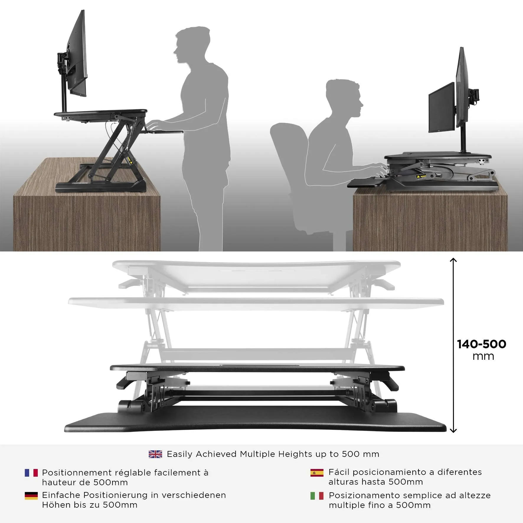 Duronic Sit-Stand Desk DM05D2 | Height Adjustable Office Workstation | 90x59cm Platform | Raises from 14-50cm | Riser for PC Computer Screen, Keyboard, Laptop | Ergonomic Desktop Table Converter