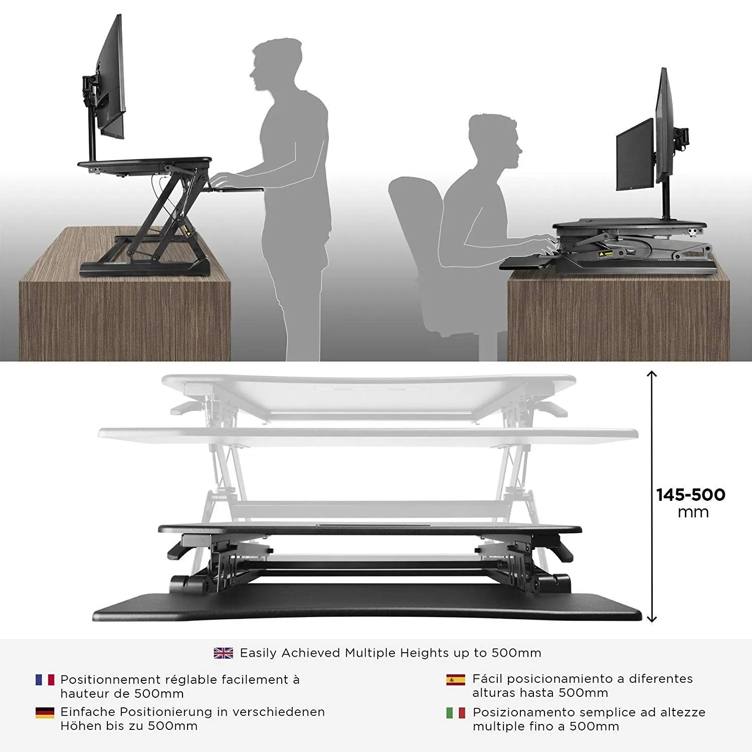 Duronic Sit-Stand Desk DM05D3 | Height Adjustable Office Workstation | 73x59cm Platform | Raises from 15-50cm | Riser for PC Computer Screen, Keyboard, Laptop | Ergonomic Desktop Table Converter