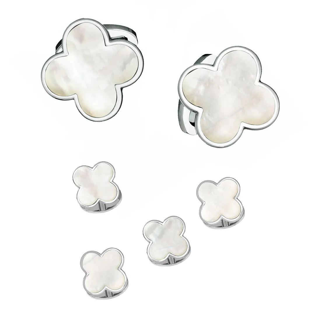 Four Leaf Clover White Sterling Cufflinks & Studs