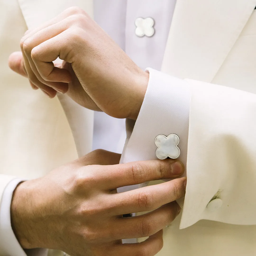 Four Leaf Clover White Sterling Cufflinks & Studs