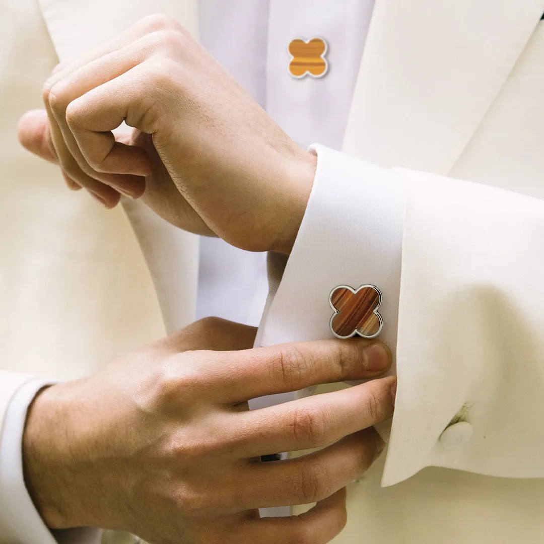 Four Leaf Clover White Sterling Cufflinks & Studs