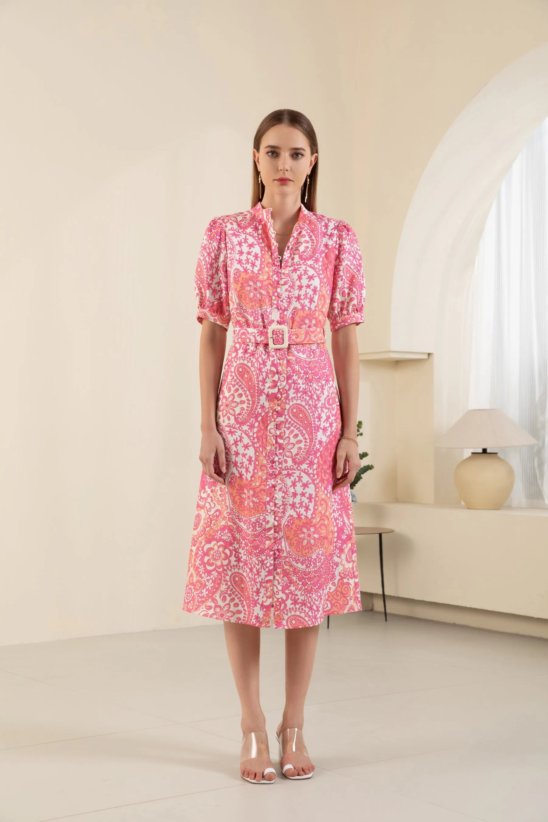 GDS Clarisse Belted Linen Long Dress | Aurora Pink