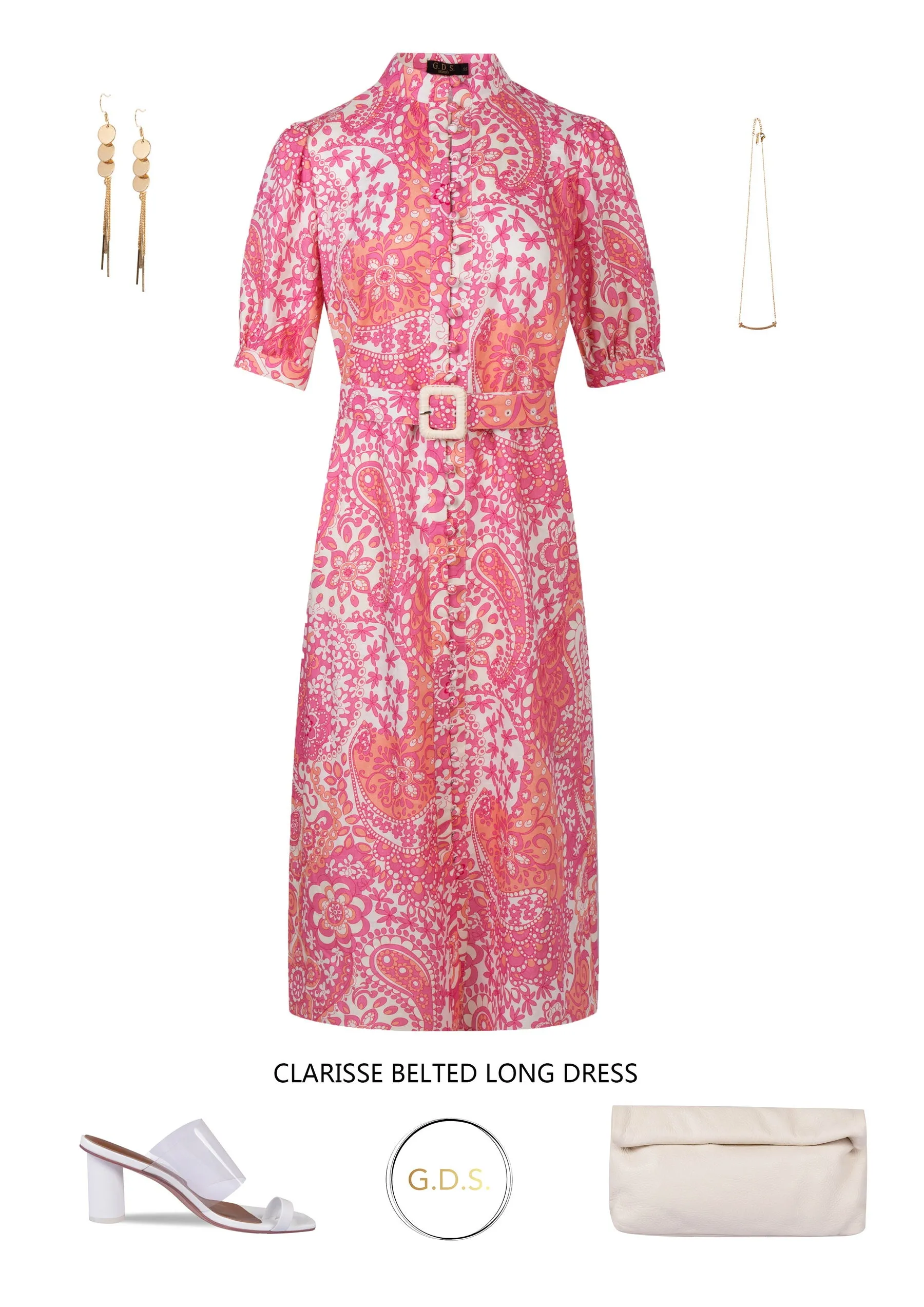 GDS Clarisse Belted Linen Long Dress | Aurora Pink