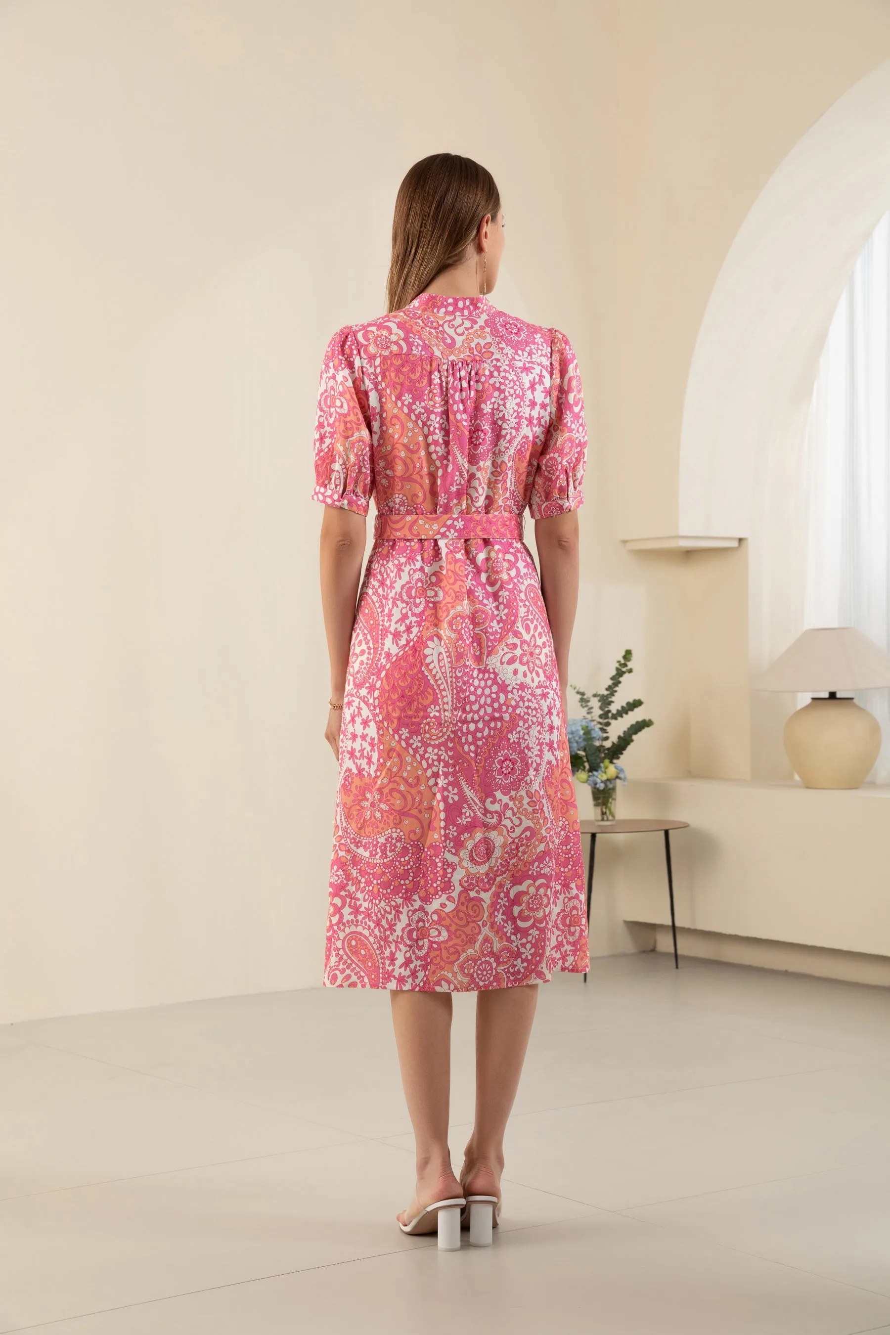 GDS Clarisse Belted Linen Long Dress | Aurora Pink