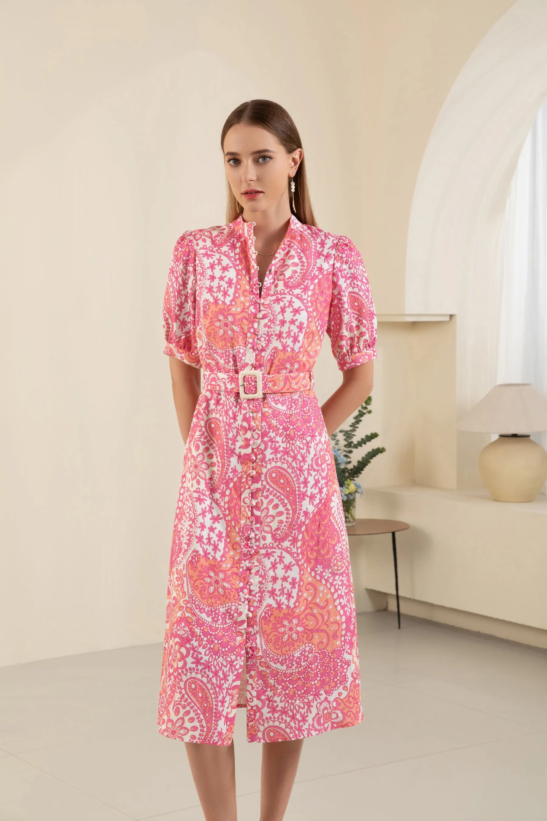 GDS Clarisse Belted Linen Long Dress | Aurora Pink