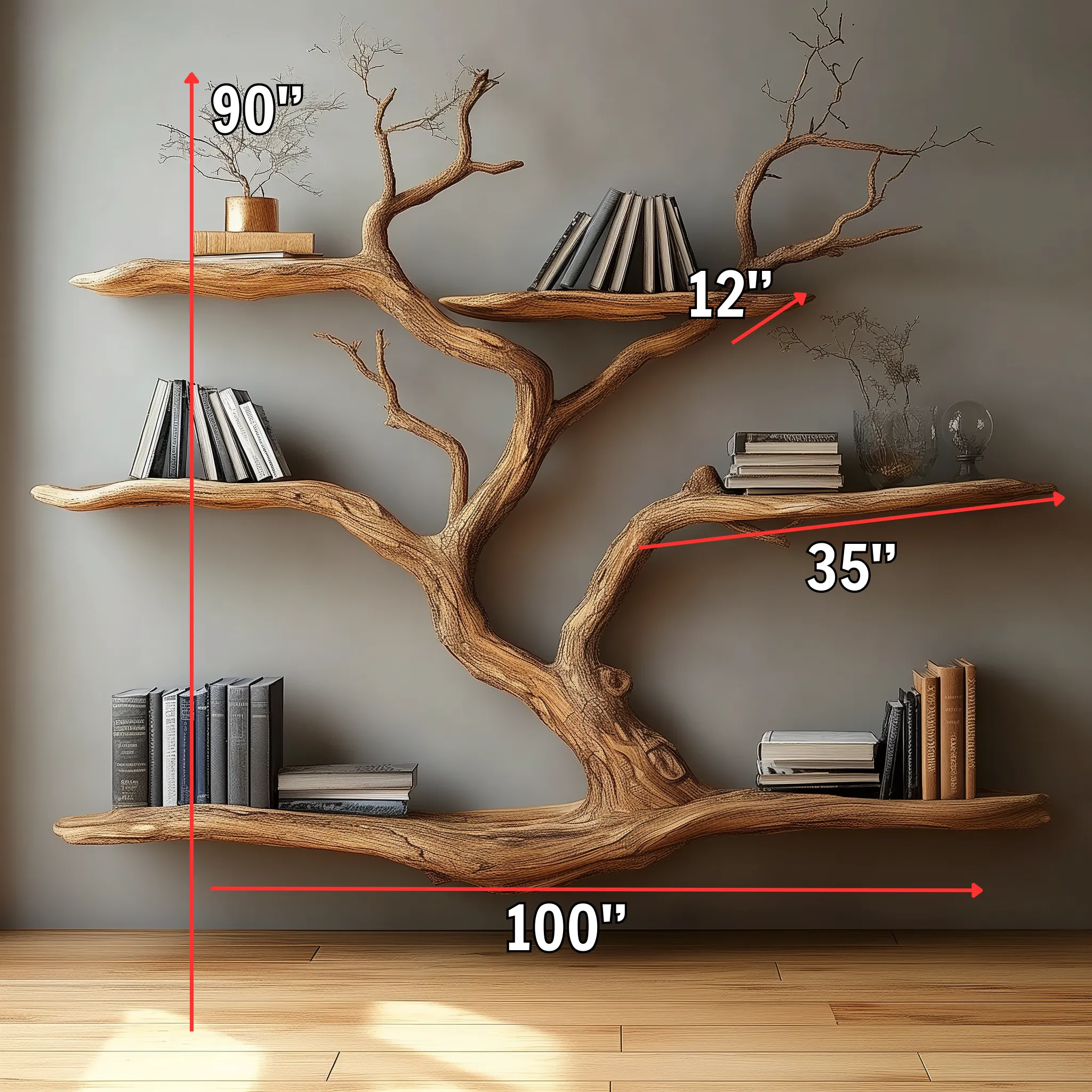 Handmade Tree Branch Floating Wall Bookshelf